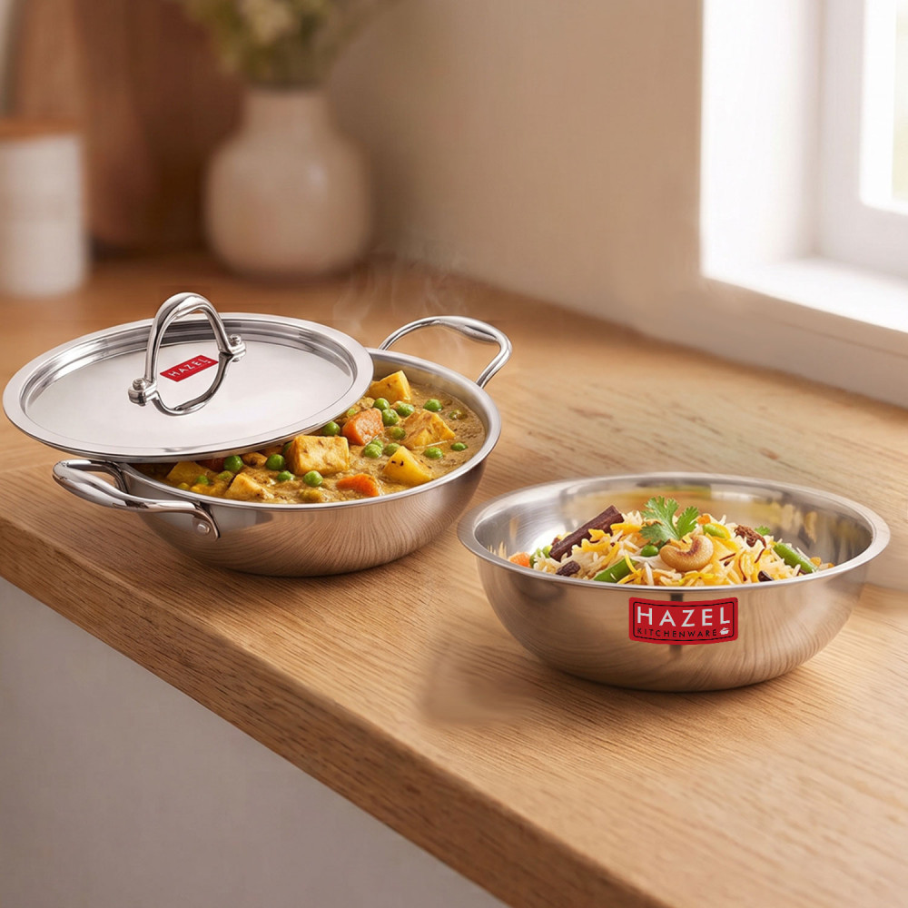 HAZEL Triply Stainless Steel Induction Bottom Tasra and Kadhai With Steel Lid, 2 Litre, 22.5 cm