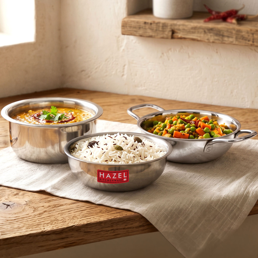 HAZEL Triply Stainless Steel Induction Bottom Kadhai and Tasra 1.2 Litre, Tope 2.3 Litre