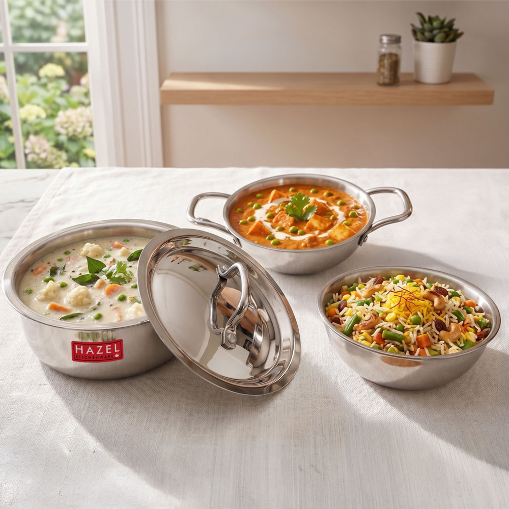 HAZEL Triply Stainless Steel Induction Bottom Tope 2.3 Litre, Kadhai and Tasra 1.2 Litre With Stainless Steel Lid