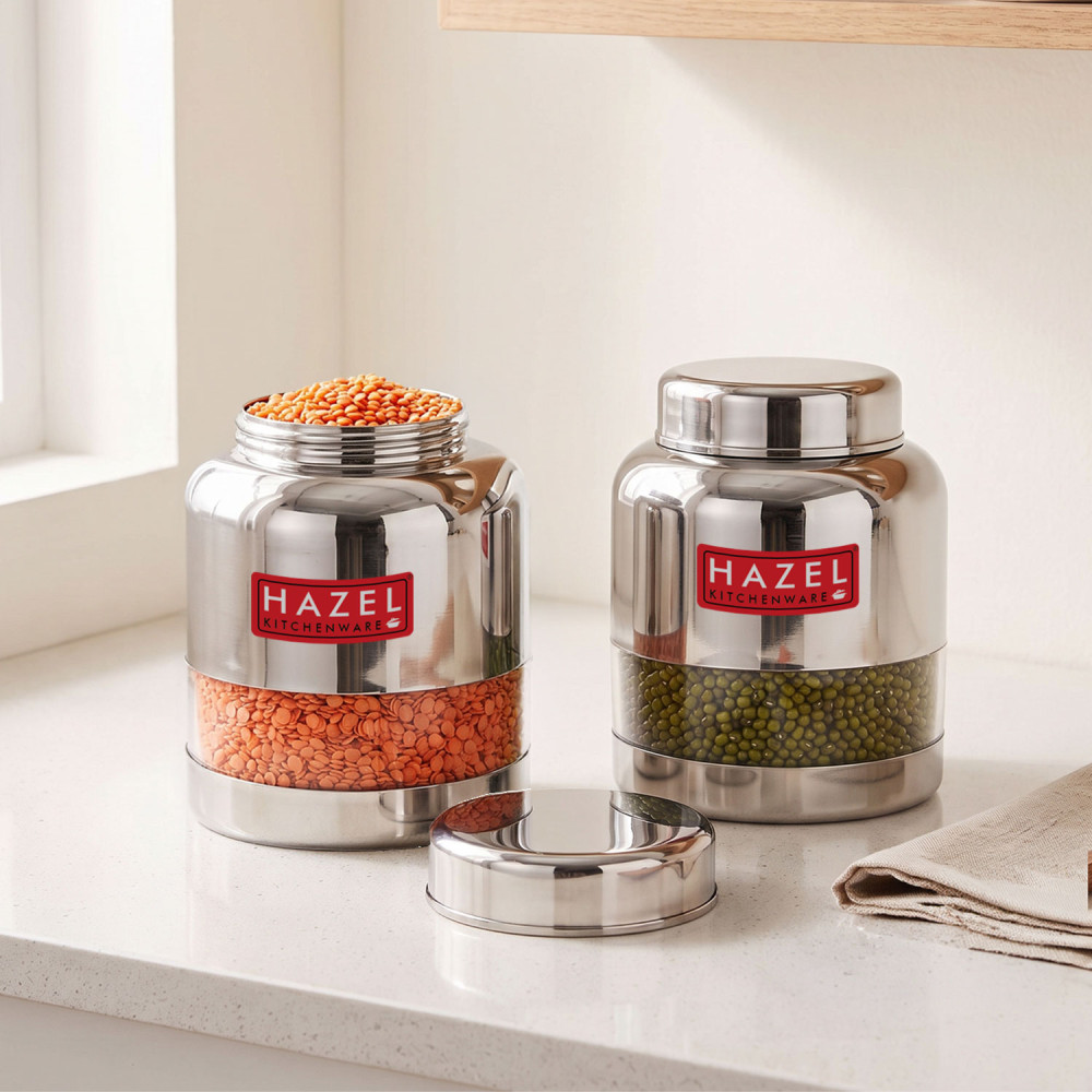 HAZEL Stainless Steel Transparent Glossy Finish Airtight See Through Container Barni Set of 2, 1000 ML, Silver