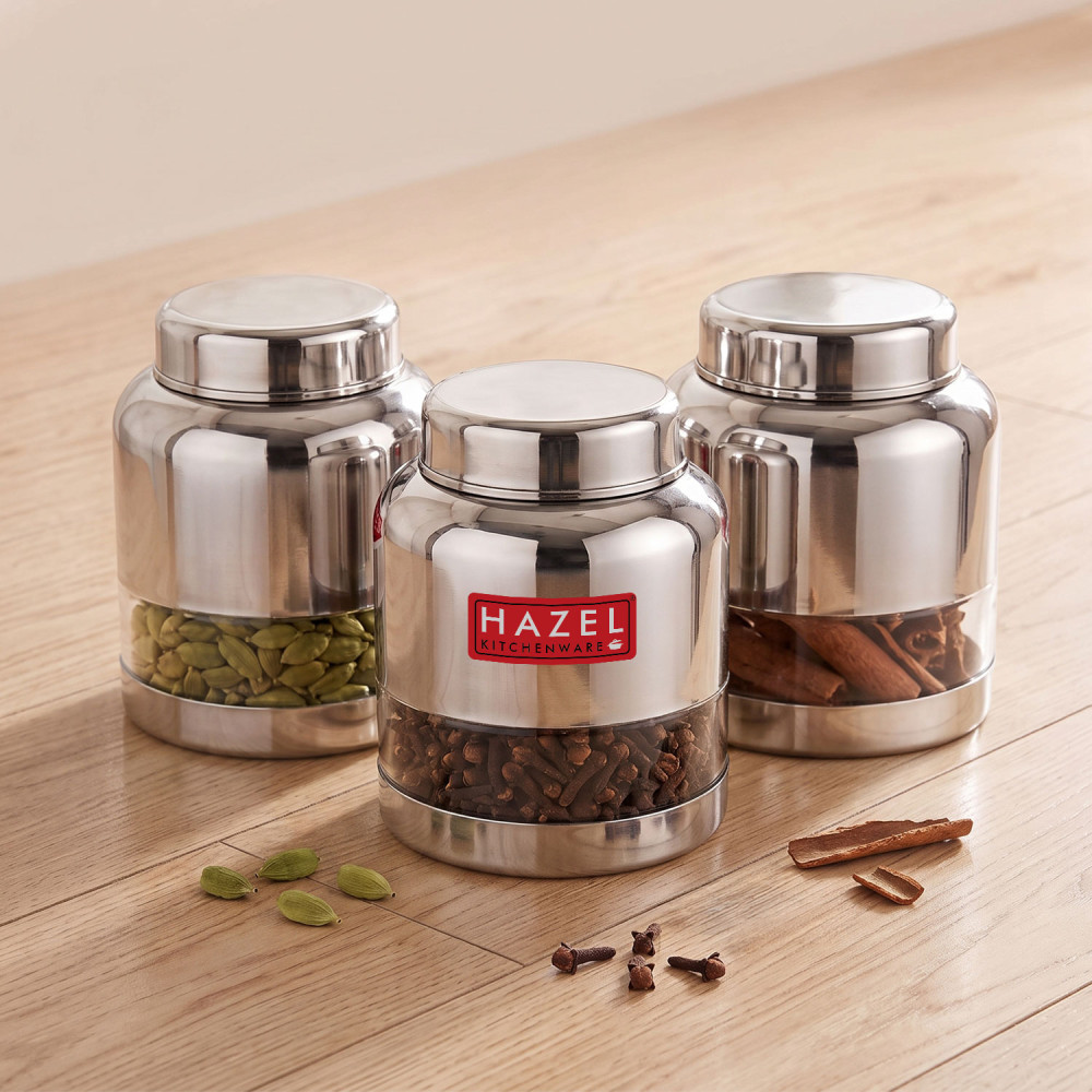 HAZEL Stainless Steel Transparent Glossy Finish Airtight See Through Container Barni Set of 3, 1000 ML, Silver