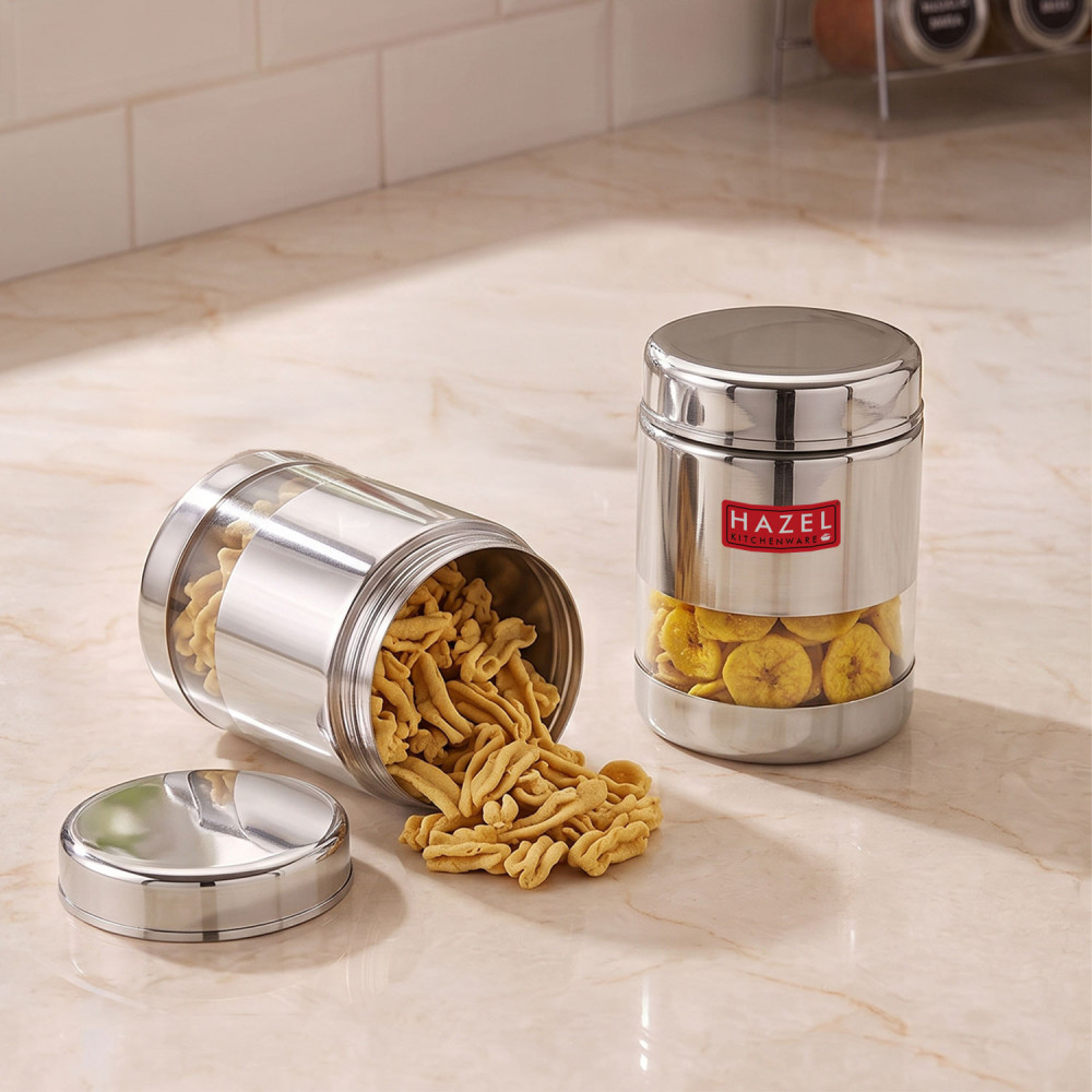 HAZEL Stainless Steel Containers Set For Kitchen Storage Transparent See Through Glossy Finish Storage Jars Dabba, Set of 2, 800 ML Each, Silver