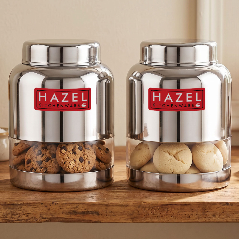 HAZEL Stainless Steel Transparent Container Glossy Finish Airtight See Through Jar Barni Set of 2, 1500 ML, Silver