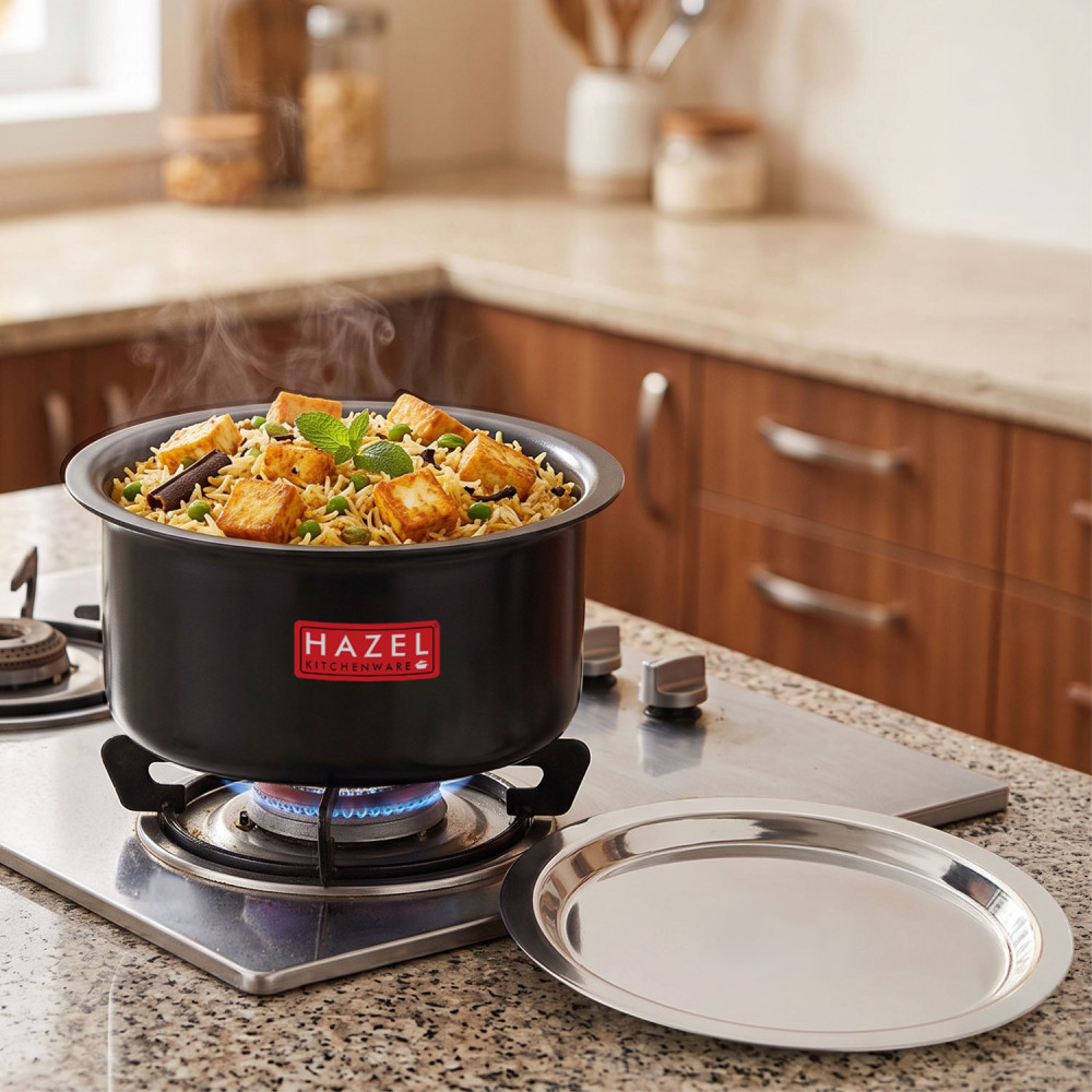 HAZEL Hard Anodised Aluminium Tope With Lid | Hard Anodised Cookware Boiling Tope Patila With Steel Lid Cover For Cooking (Tope Capacity 4800ml, Lid 26.2 cm), Black