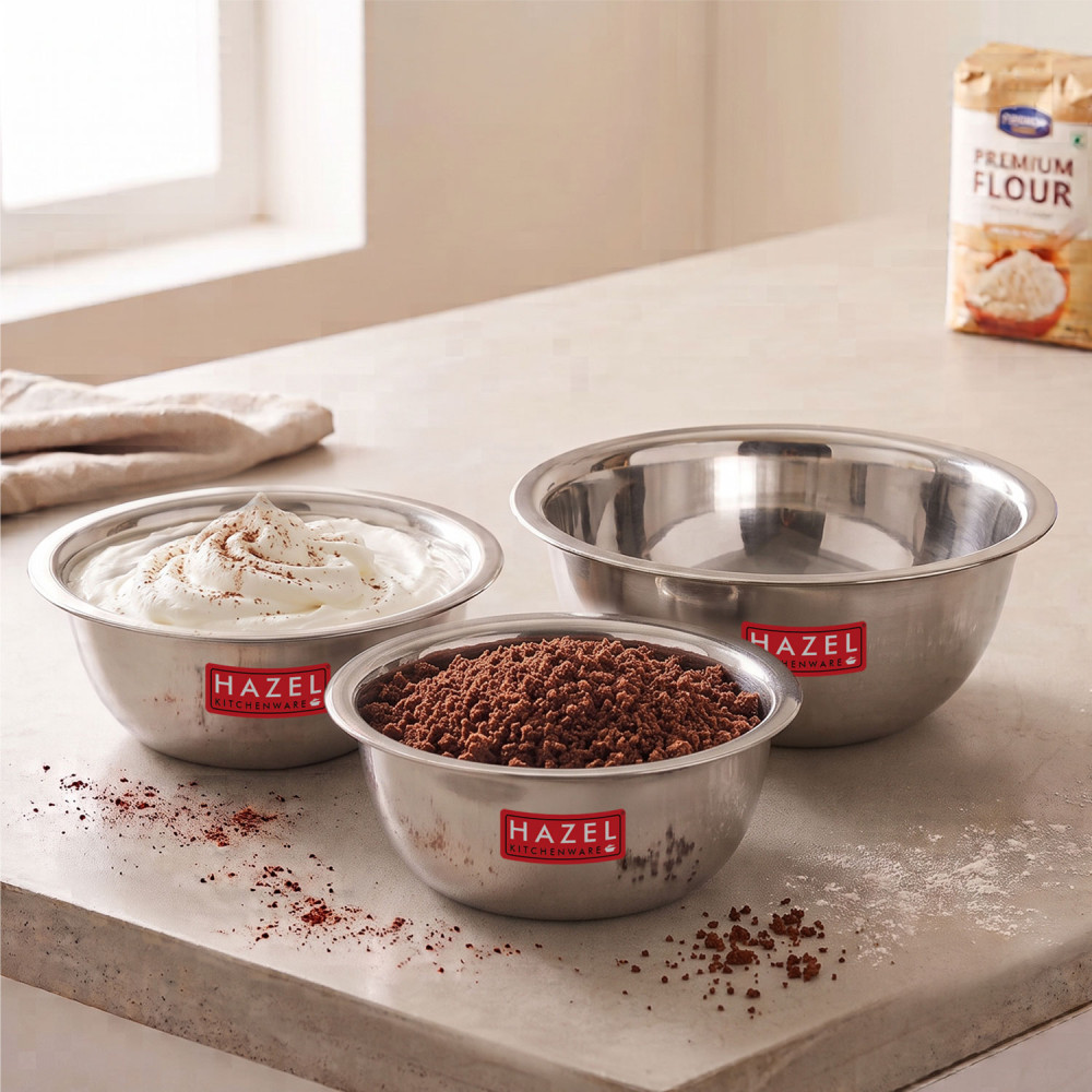HAZEL Stainless Steel Mixing Bowl |  Mixing Bowl for Cake Batter | Kitchen and Baking Accessories Items, Set of 3, 3300 ML, 4100 ML, 4800 ML