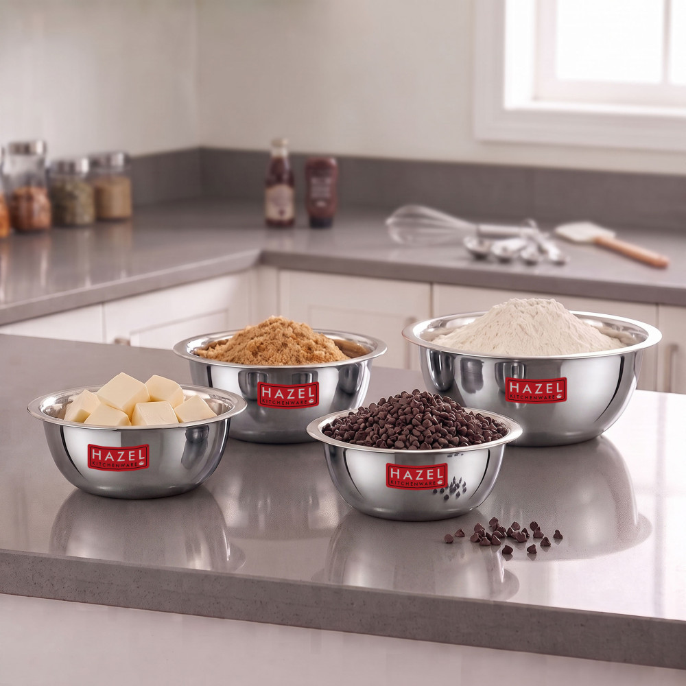 HAZEL Stainless Steel Mixing Bowl |  Mixing Bowl for Cake Batter | Kitchen and Baking Accessories Items, Set of 4, 2730 ML, 3300 ML, 4100 ML, 4800 ML
