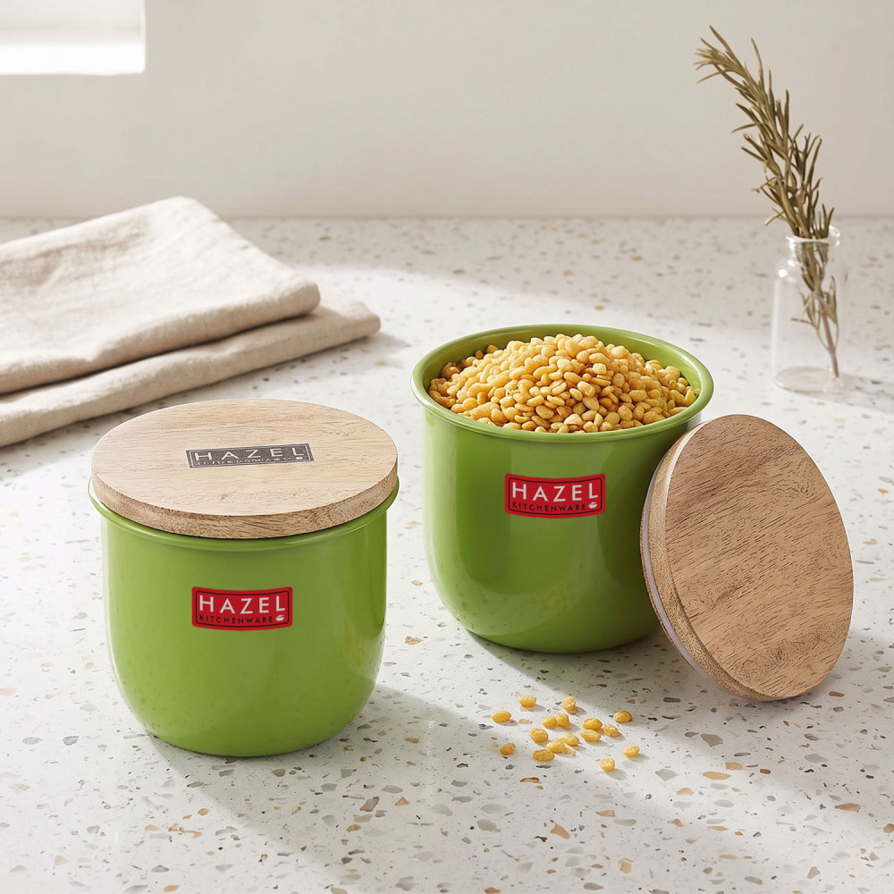 HAZEL Airtight Container for Kitchen | Tea Coffee Sugar Containers |Food Grade Storage Box For Kitchen with Wooden Lid, Set of 2, 700 ML, Green