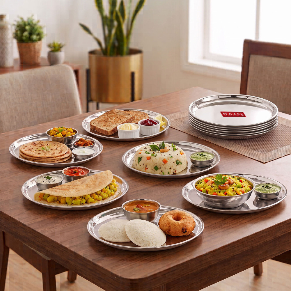 HAZEL Stainless Steel Breakfast Plate with Glossy Finish | Quarter Plates for Kids Serveware Tableware | Thali plates For Kitchen | Serving Plates Set of 12, 23.5 cm
