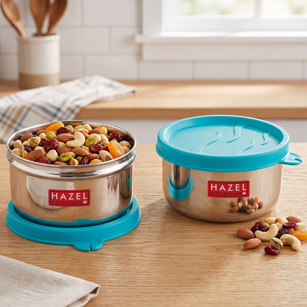HAZEL Stainless Steel Kitchen Containers Set of 2 | Storage Box for Kitchen & Tiffin Boxes | Air Tight Containers for Storage with Leak Proof Lid, 250 ML Each