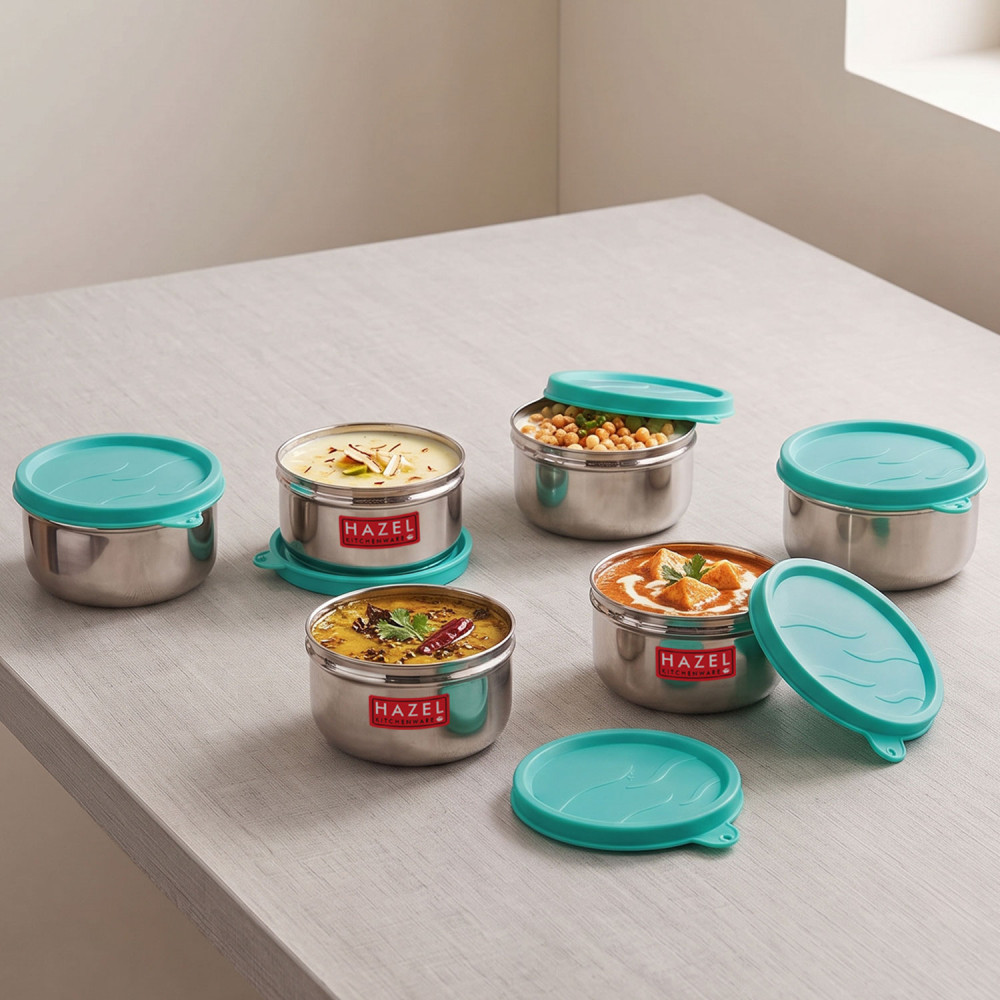 HAZEL Stainless Steel Kitchen Containers Set of 6 | Storage Box for Kitchen & Tiffin Boxes | Air Tight Containers for Storage with Leak Proof Lid, 250 ML Each