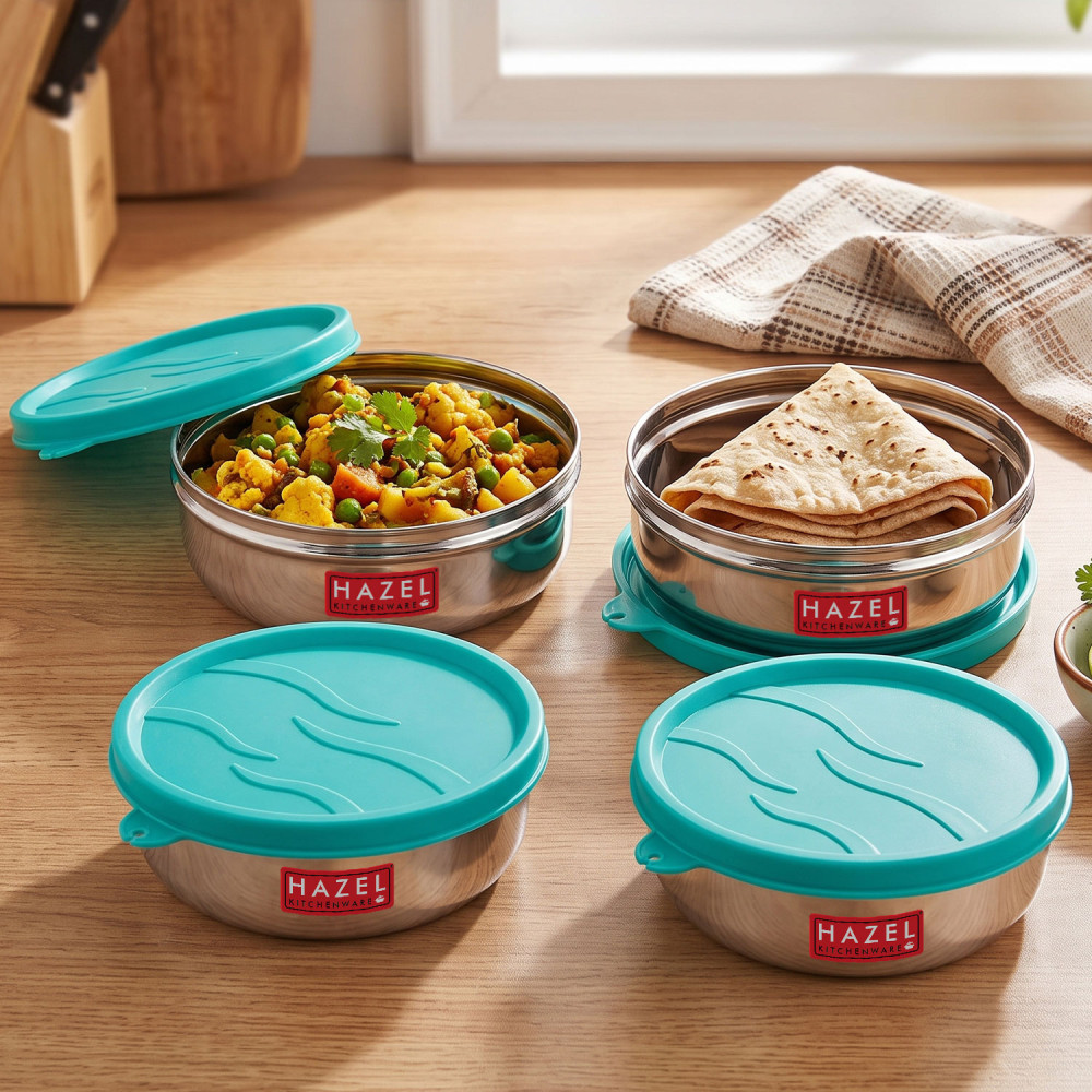 HAZEL Air Tight Containers for Storage | Stainless Steel Container for Kitchen Storage Set of 4 | Storage Box for Kitchen & Tiffin Boxes with Leak Proof Lid, 300 ML each