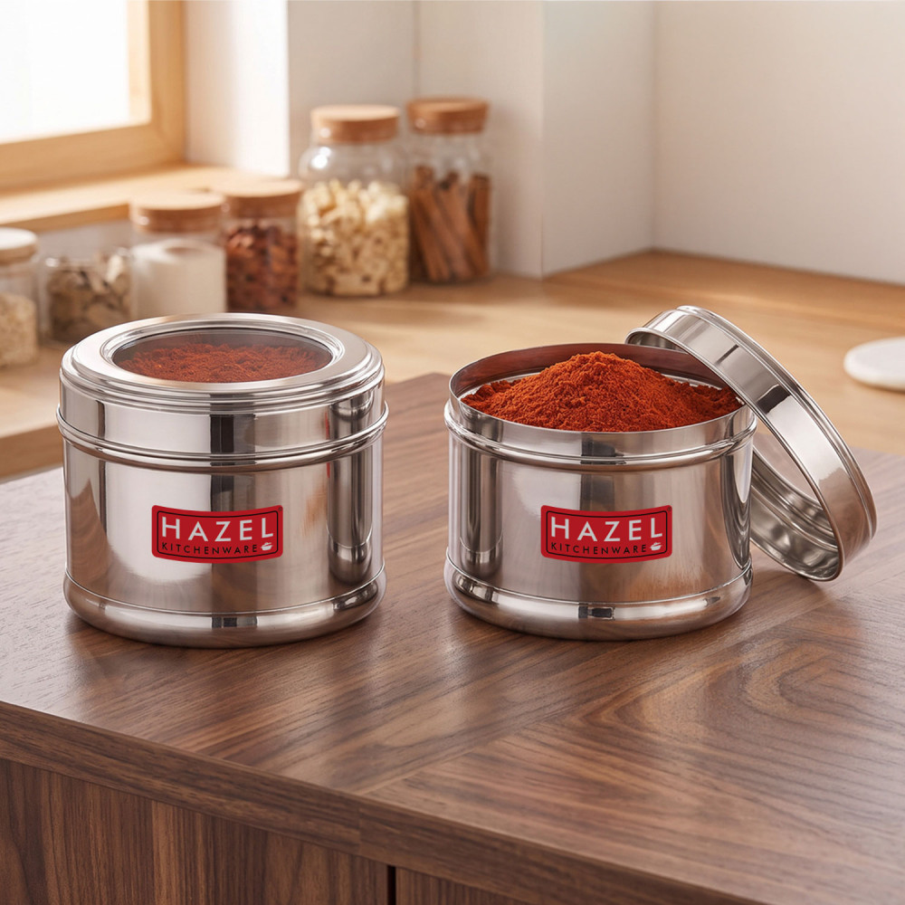 HAZEL Masala Box for Kitchen with Airtight Lid | Stainless Steel Top See Through Storage Containers for Kitchen Air tight, 300 ML, Set of 2