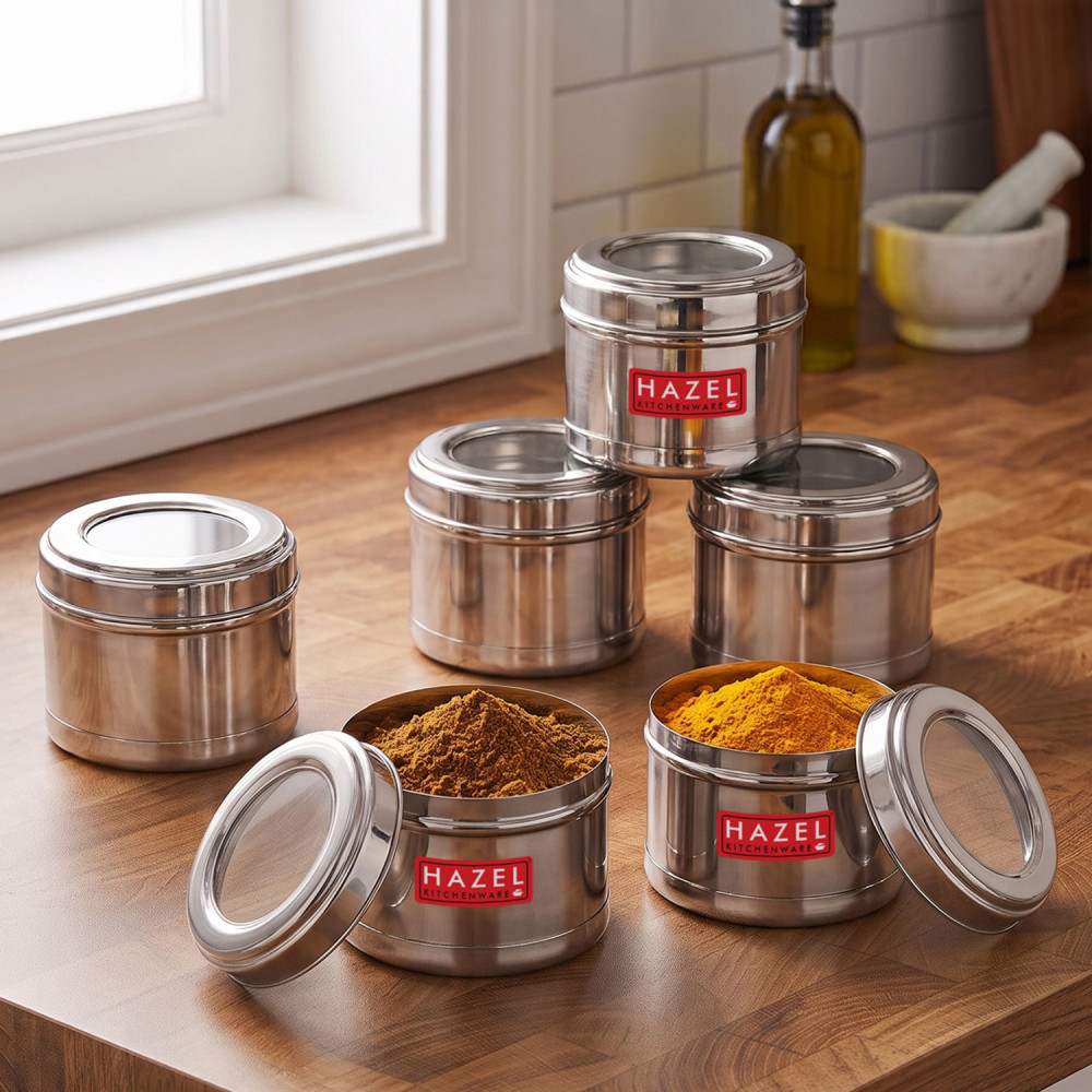 HAZEL Masala Box for Kitchen with Airtight Lid | Stainless Steel Top See Through Storage Containers for Kitchen Air tight, 300 ML, Set of 6