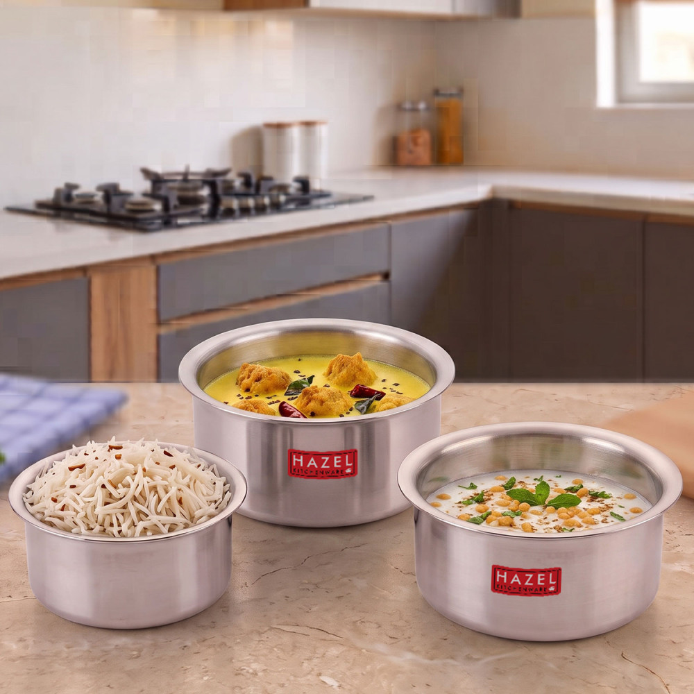 HAZEL Aluminium Flat Bottom Patila Tope Pot, Set of 3, 1125 ml-2000 ml, Silver