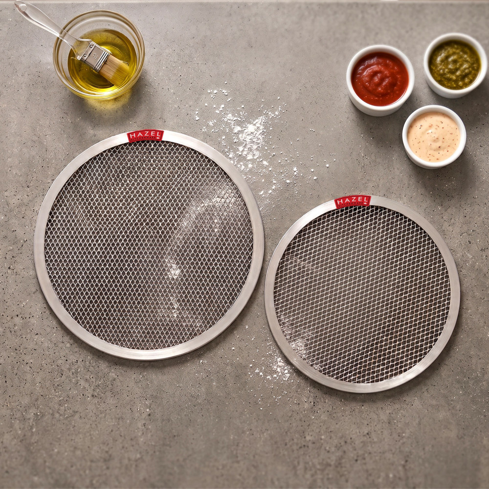 HAZEL Aluminum Pizza Screen Tray | Set of 2 Round Crisping Pizza Tray for Crispy Crust (10 inch & 12 inch)
