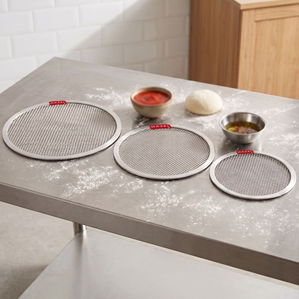 HAZEL Crisping Pizza Tray Aluminum Mesh | Set of 3 Round Pizza Crust Screen for Crispy Crust (8 inch, 10 inch & 12 inch)