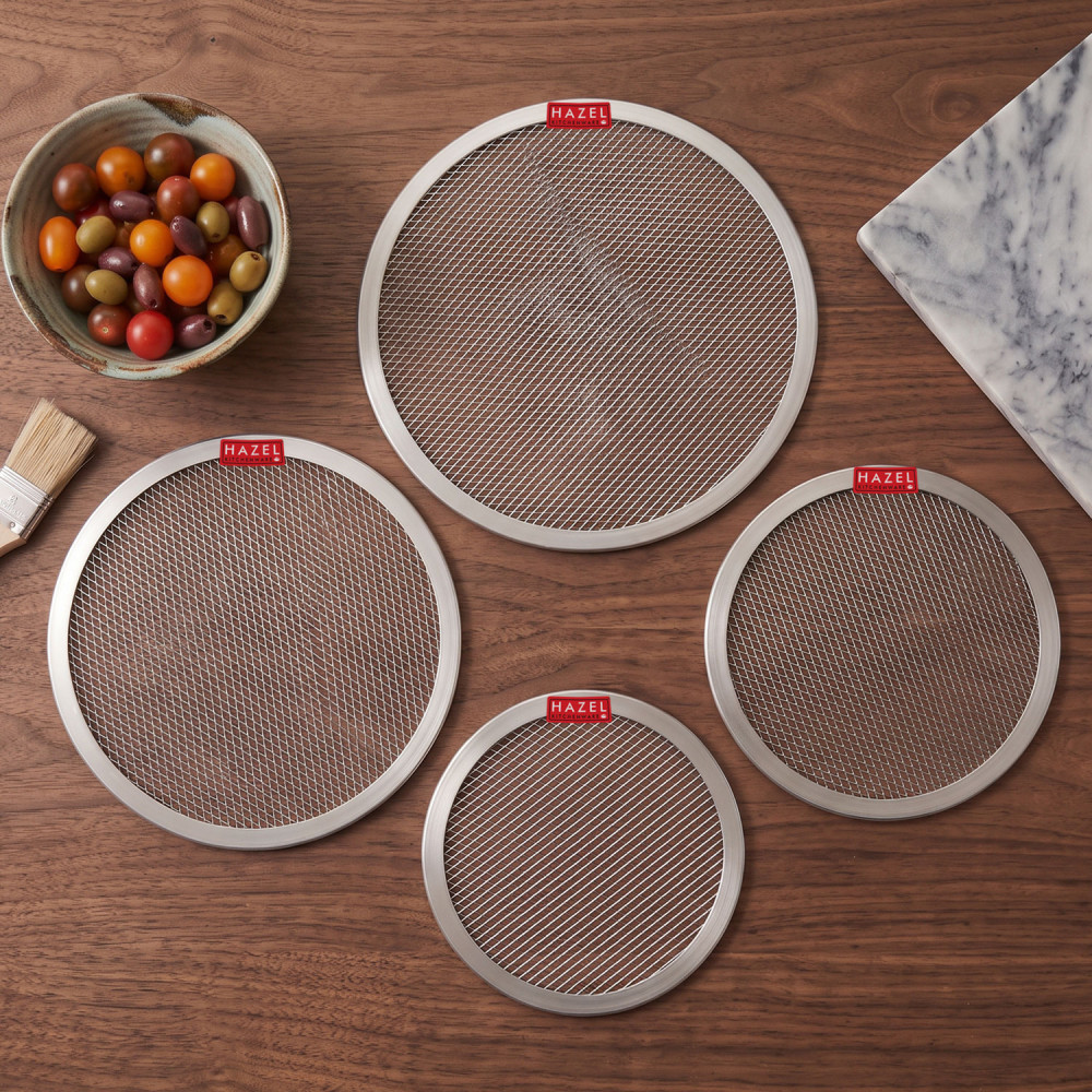 HAZEL Mesh Pizza Pan Aluminum Tray | Set of 4 Round Pizza Baking Screen for Crispy Crust (7 inch, 8 inch, 9 inch & 10 inch)