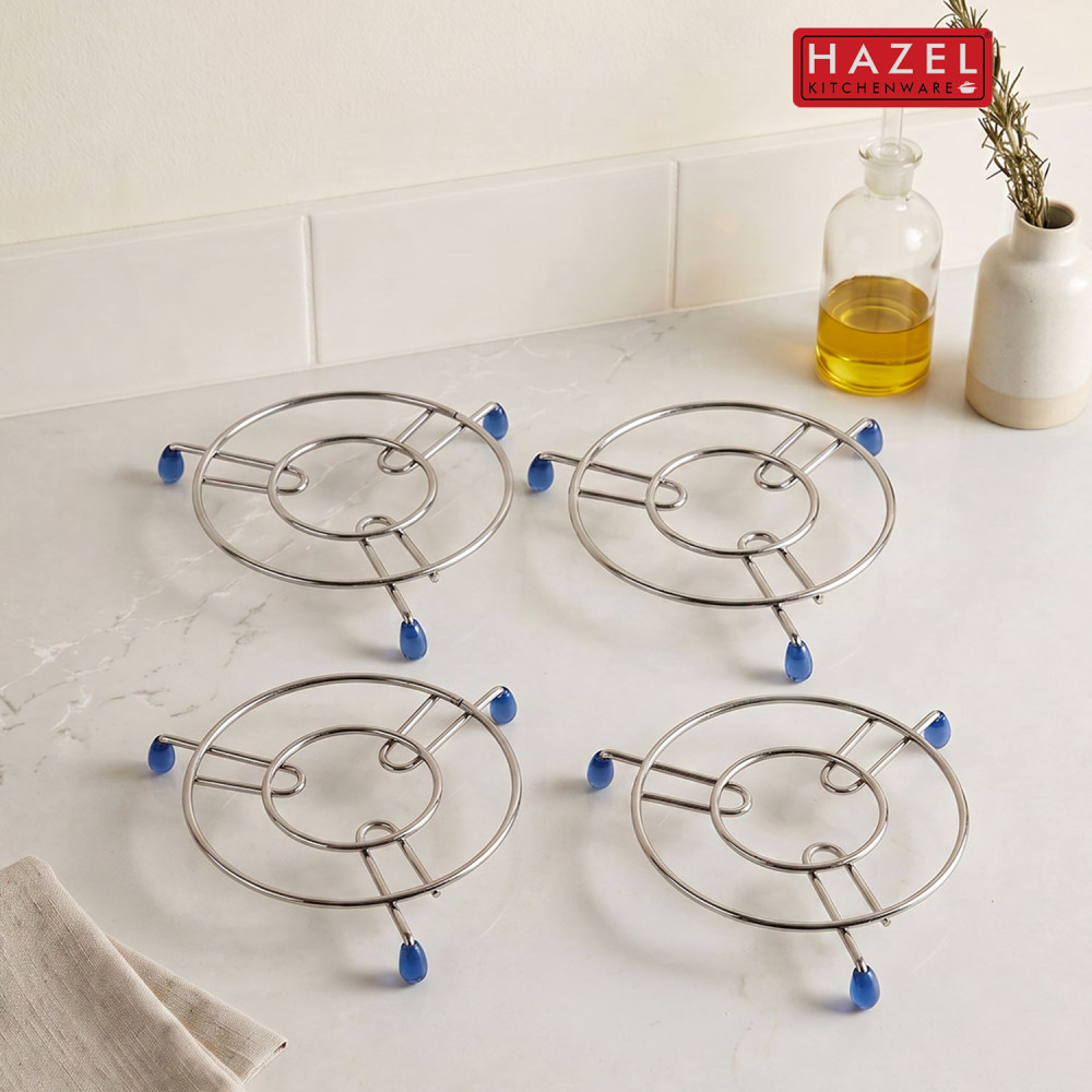 HAZEL Trivet Stainless Steel Hot Pot Stand with Silicone Grip | Non-Slip Heat-Resistant Trivet for Kitchen & Dining Table | Diameter 17.5 cm, Set of 4