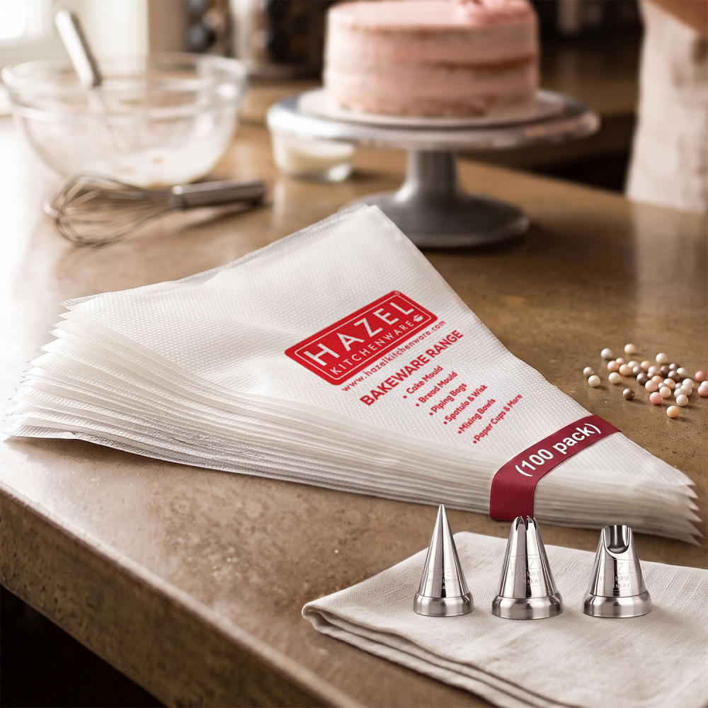 HAZEL Disposable Piping Bags 100 Pcs with 3 Nozzles Round, Star & Ruffles Nozzle Set, Reusable Piping Bags