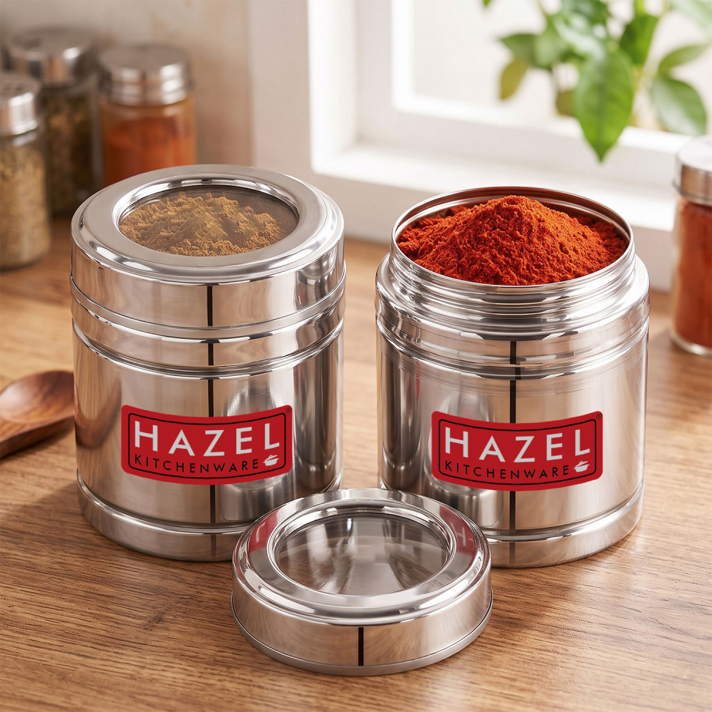 HAZEL Steel Coffee Container with Transparent Lid | Transparent Lid Coffee Powder Storage Box For Kitchen |Food Grade Steel Kitchen Container , Set of 2, 500 ML