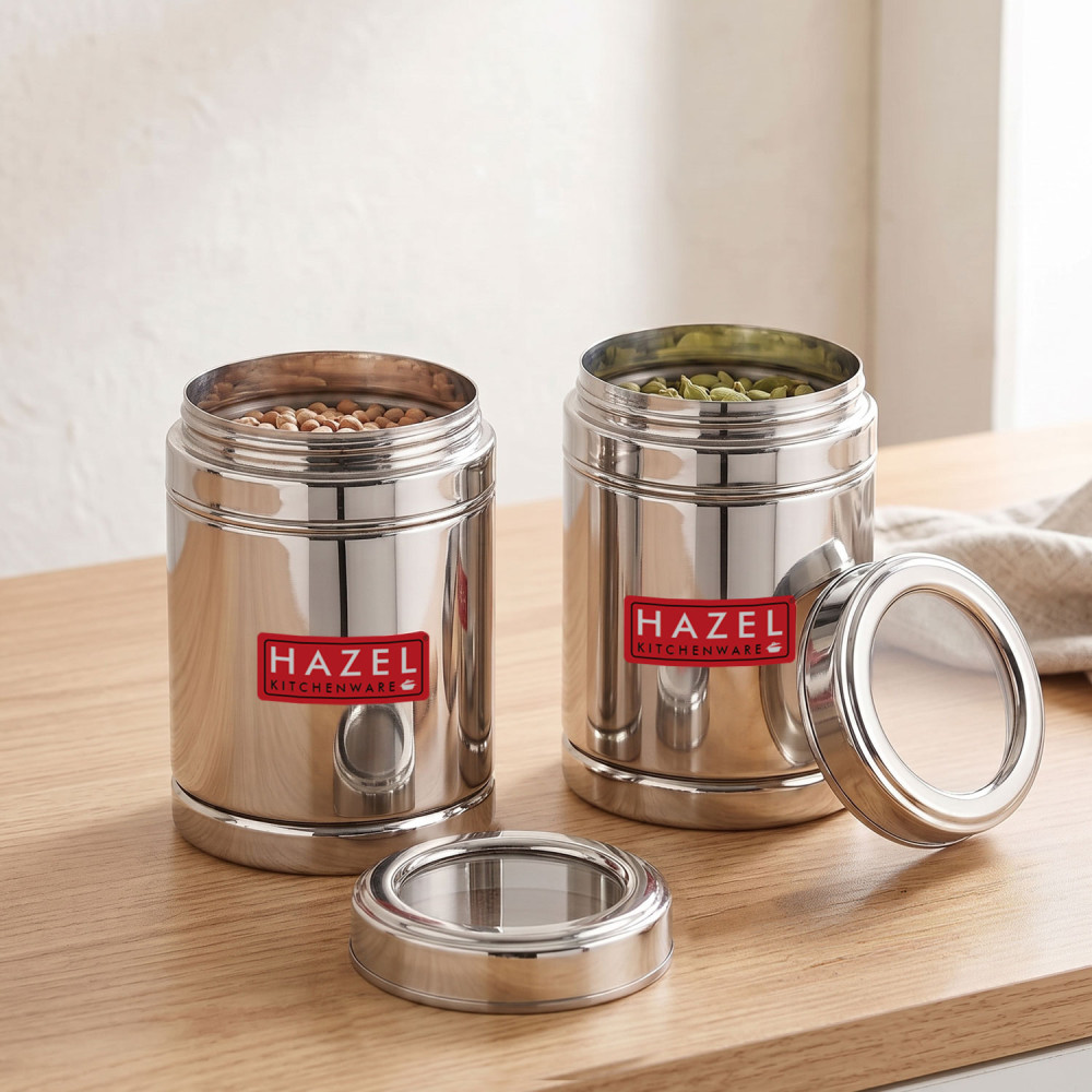 HAZEL Steel Tea Container with Transparent Lid | Transparent Lid Tea Powder Storage Box For Kitchen |Food Grade Steel Kitchen Container, Set of 2, 1000 ML
