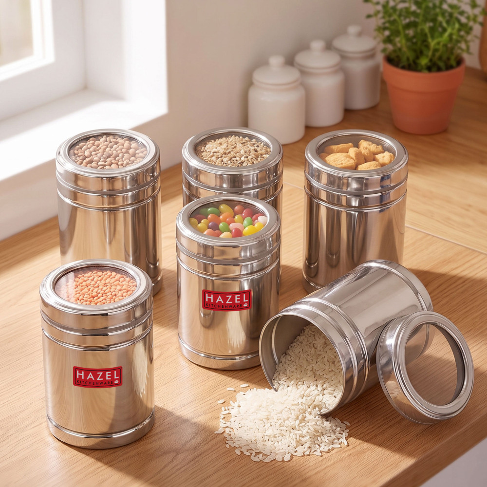 HAZEL Steel Tea Container with Transparent Lid | Transparent Lid Tea Powder Storage Box For Kitchen |Food Grade Steel Kitchen Container, Set of 6, 1000 ML