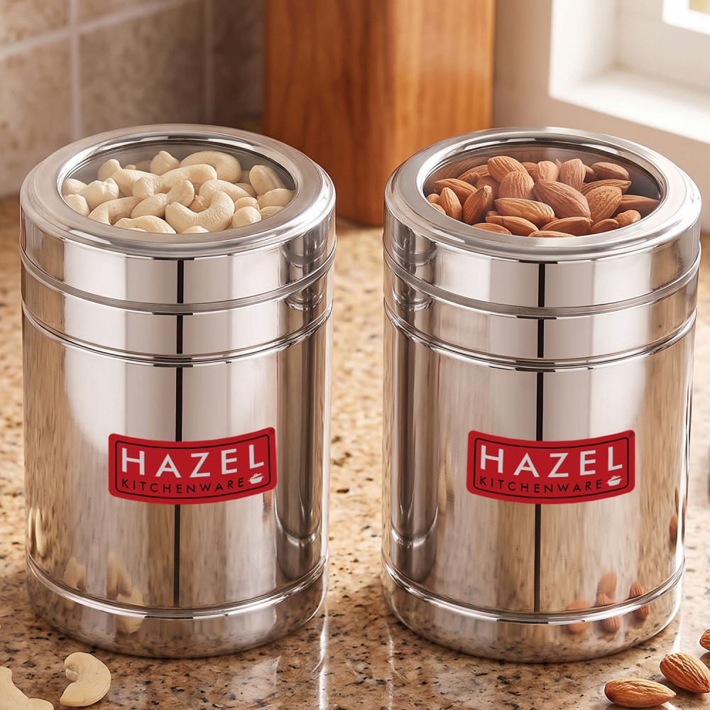 HAZEL Steel Container with Transparent Lid | Transparent Lid Sugar Storage Box For Kitchen |Food Grade Steel Kitchen Container, Set of 2, 1400 ML