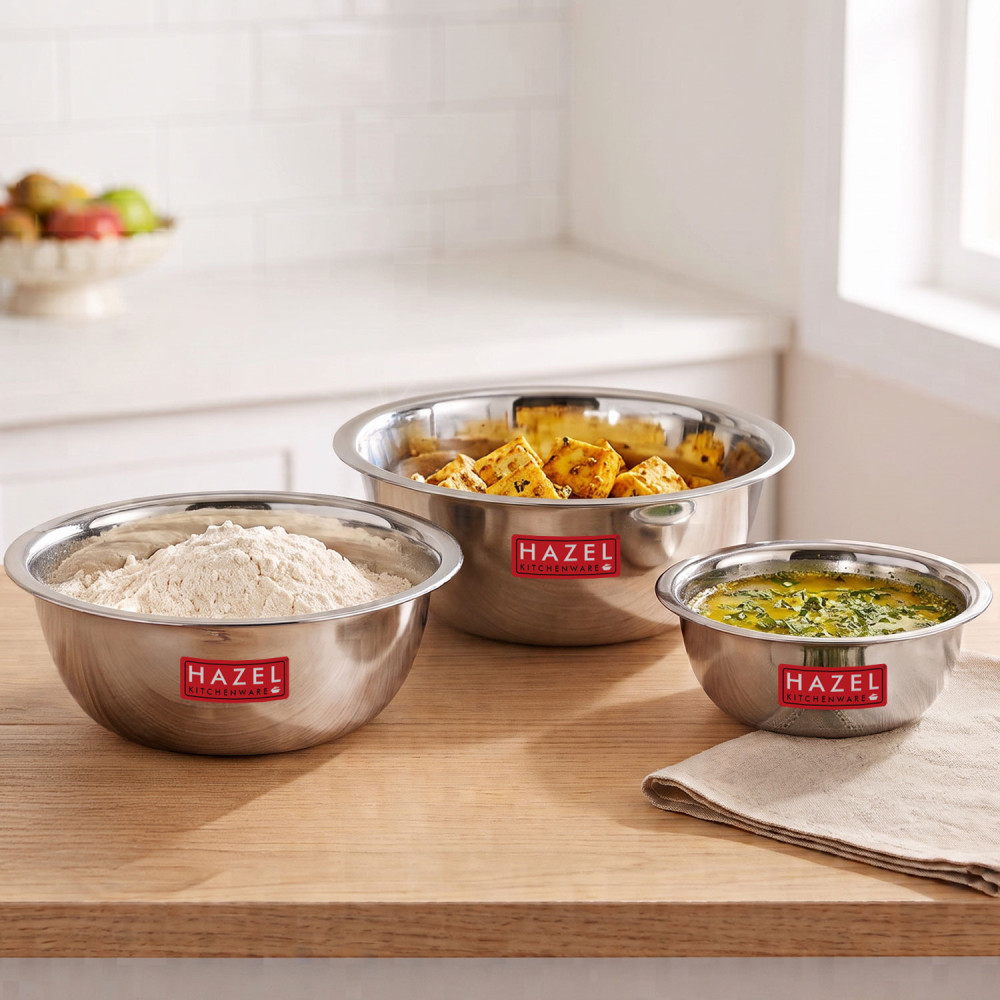 HAZEL Stainless Steel Mixing Bowl | Set of 3 Mixing Bowl For Cake Batter | Steel Bowl Big Size For Baking | 3 Piece, 2100 ml to 3300 ml