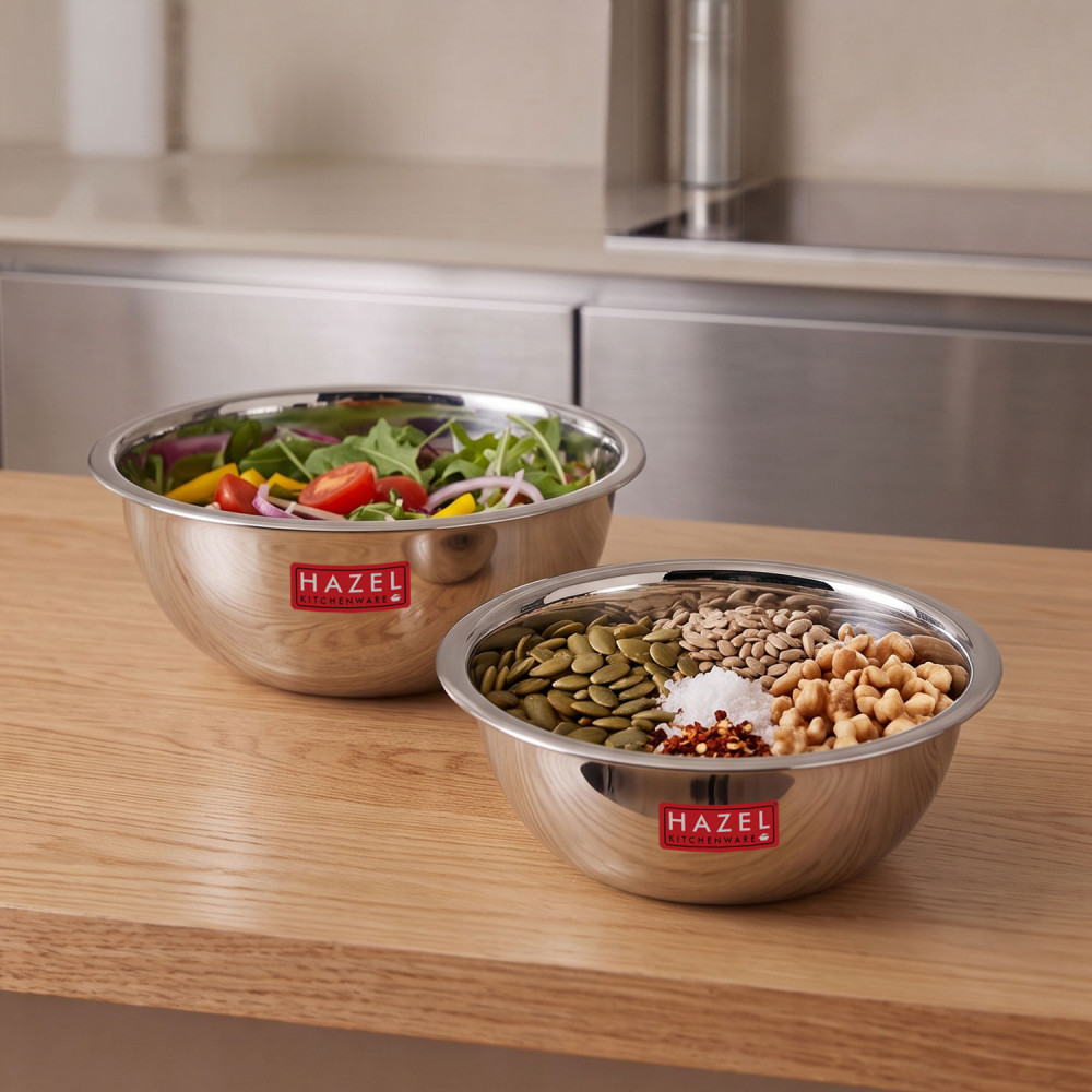 HAZEL Stainless Steel Mixing Bowl | Set of 2 Mixing Bowl For Cake Batter | Steel Bowl Big Size For Baking | 2 Piece, 2100 ml to 2730 ml