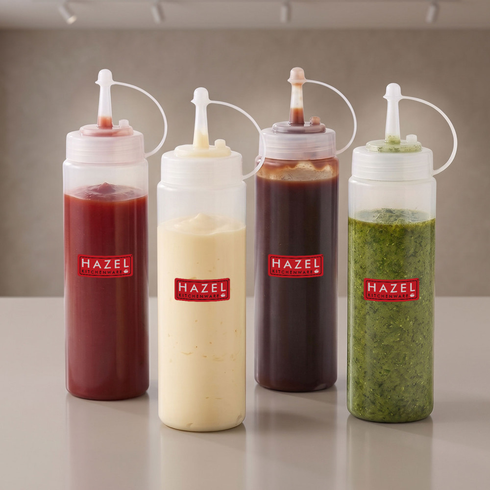 HAZEL Transparent Sauce Bottle with Cap | Squeeze Bottle for Commercial Use | Ideal for using at Home & Restaurent,Transparent, 760 ml, Set of 4