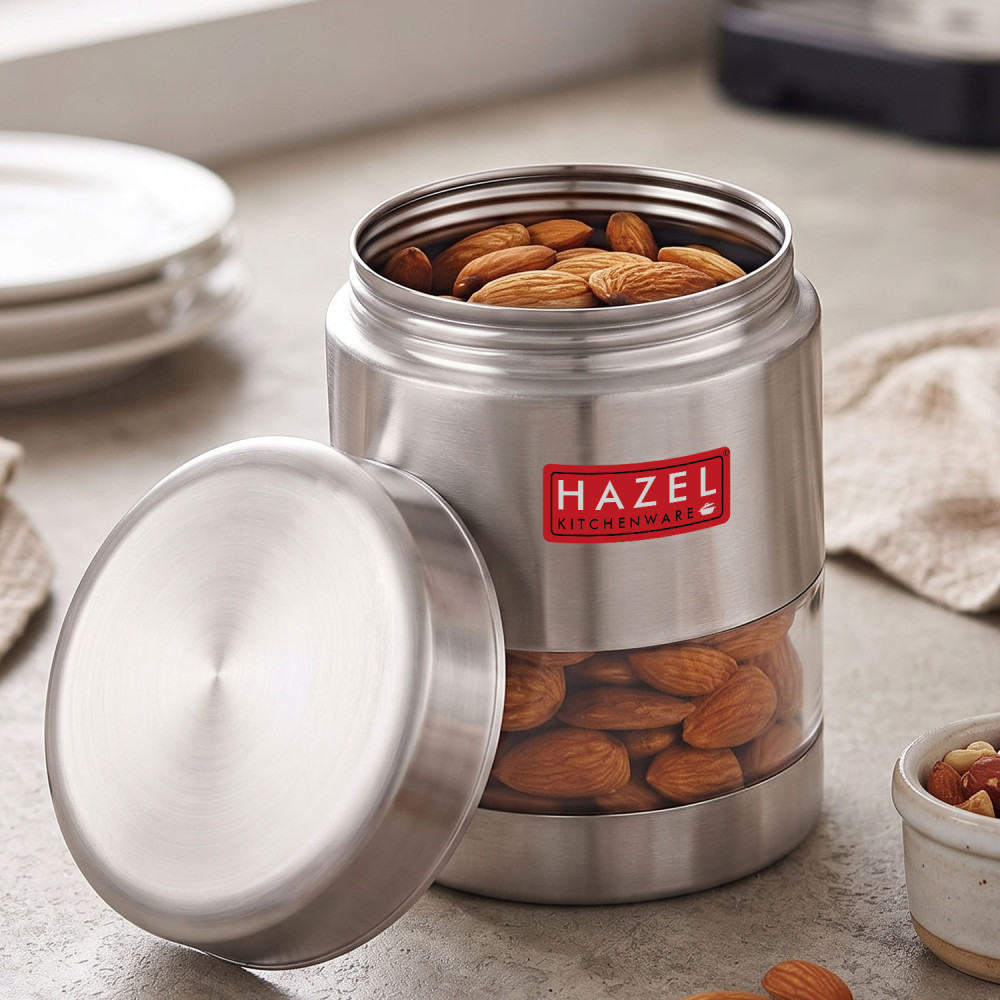 HAZEL Stainless Steel Transparent Matt Finish See Through Container, Silver,1 Pc, 400 ML