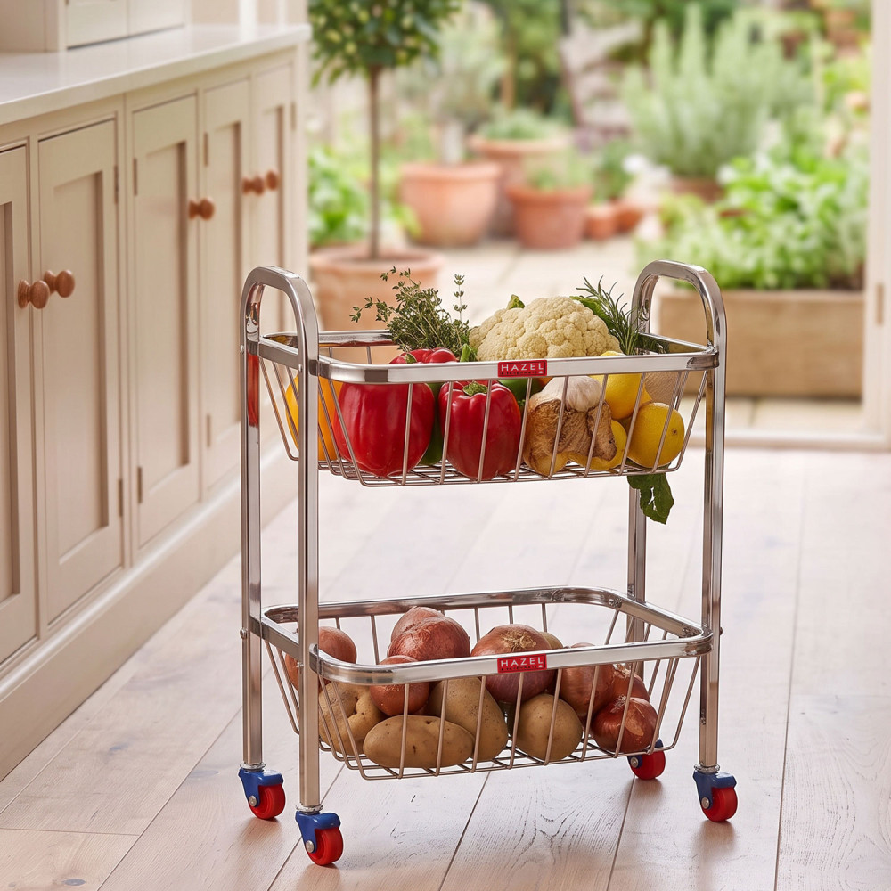 HAZEL Stainless Steel Fruit Vegetable Basket Kitchen Storage Trolley Rack Rectangle Stand with Wheel, 2 Layer, 14 x 18.4 Inches