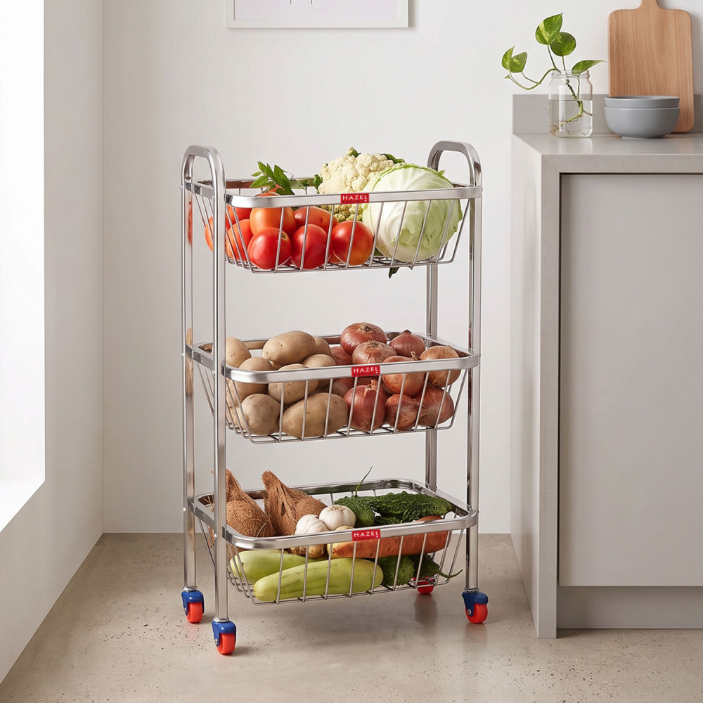 HAZEL Stainless Steel Fruit Vegetable Basket | 14 x 24.4 Inches Kitchen Storage 3 Layer | Trolley Rack Rectangle Stand with Wheels