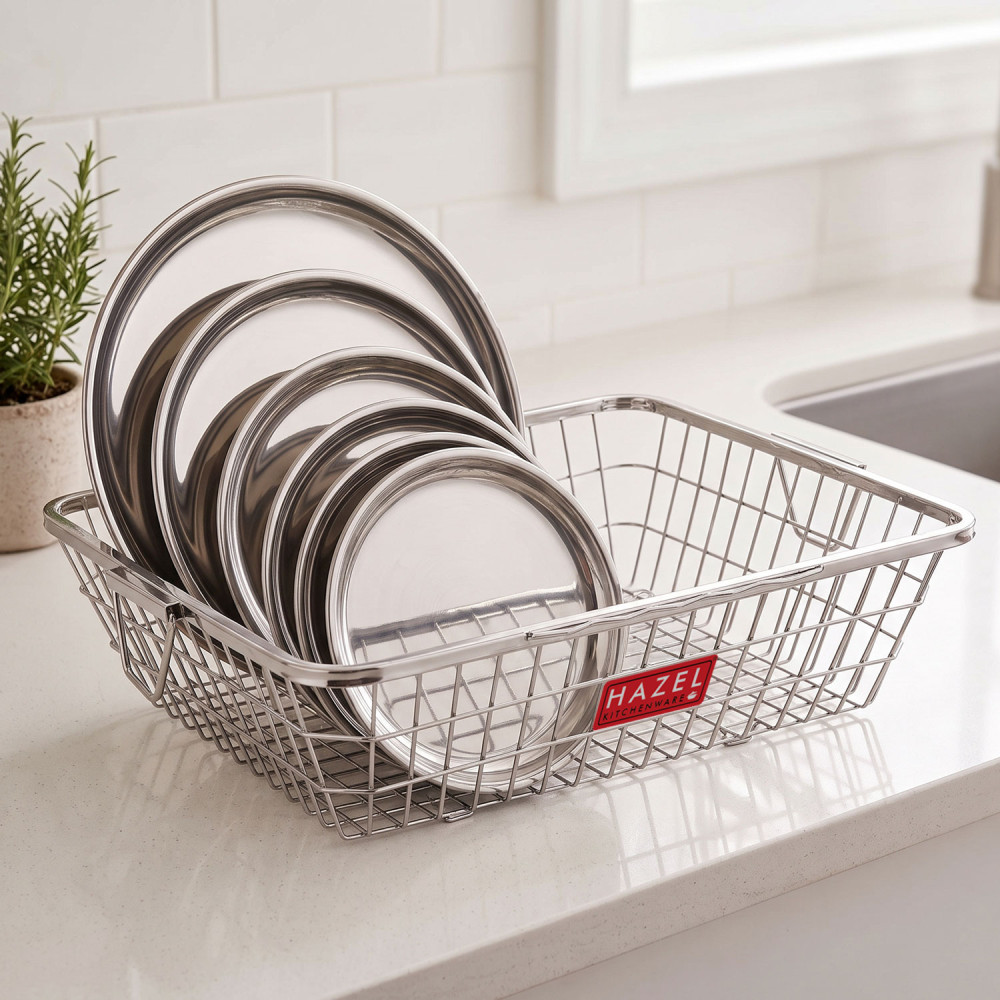 HAZEL Stainless Steel Dish Drainer Bowl Bartan Basket Utensil Drying Rack Square Extra Large Stand for Kitchen