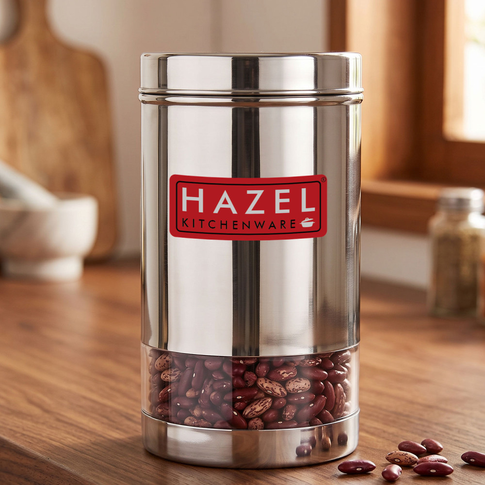 HAZEL Stainless Steel Transparent Glossy Finish See Through Container, Silver, 1 PC, 1700 Ml