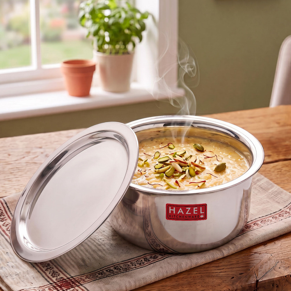 HAZEL Utensils Set for Kitchen | Steel Tope Set with Lid and Heavy Gauge Round Bottom, Set of 1, 1000 ml | Boiling Vessels, Multipurpose Steel Bhagona