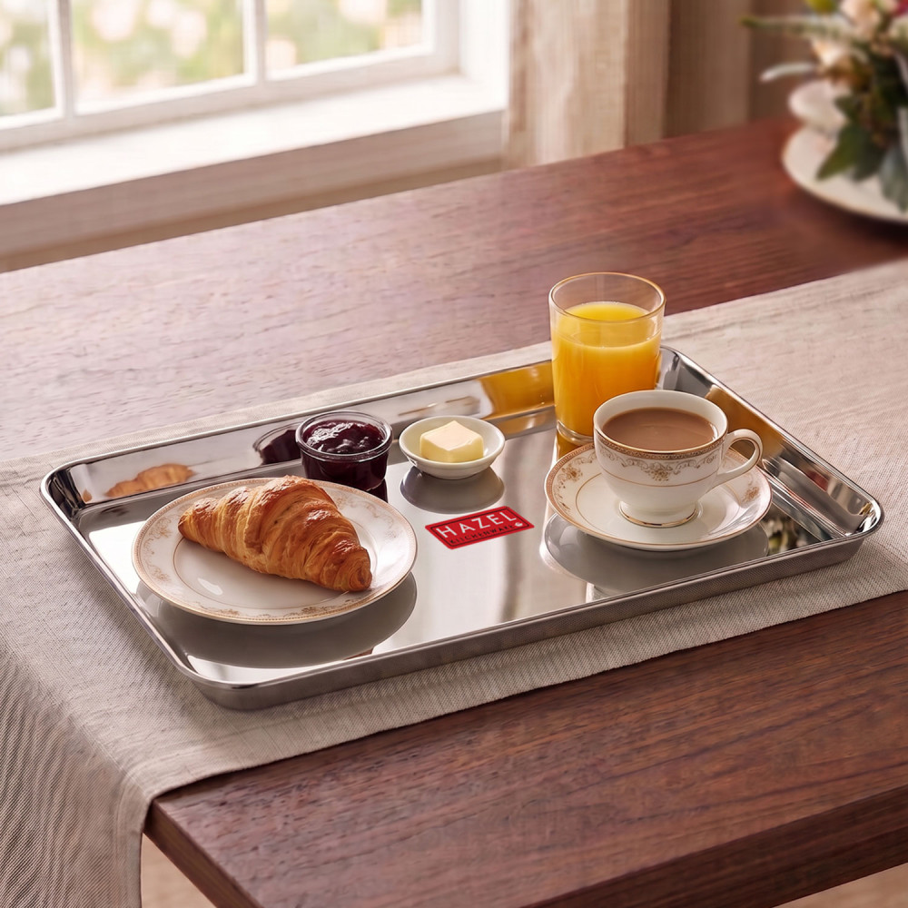 HAZEL Stainless Steel Serving Tray Rectangle Premium Dining Table Plater, Medium, Silver, 33.5 x 23 cm