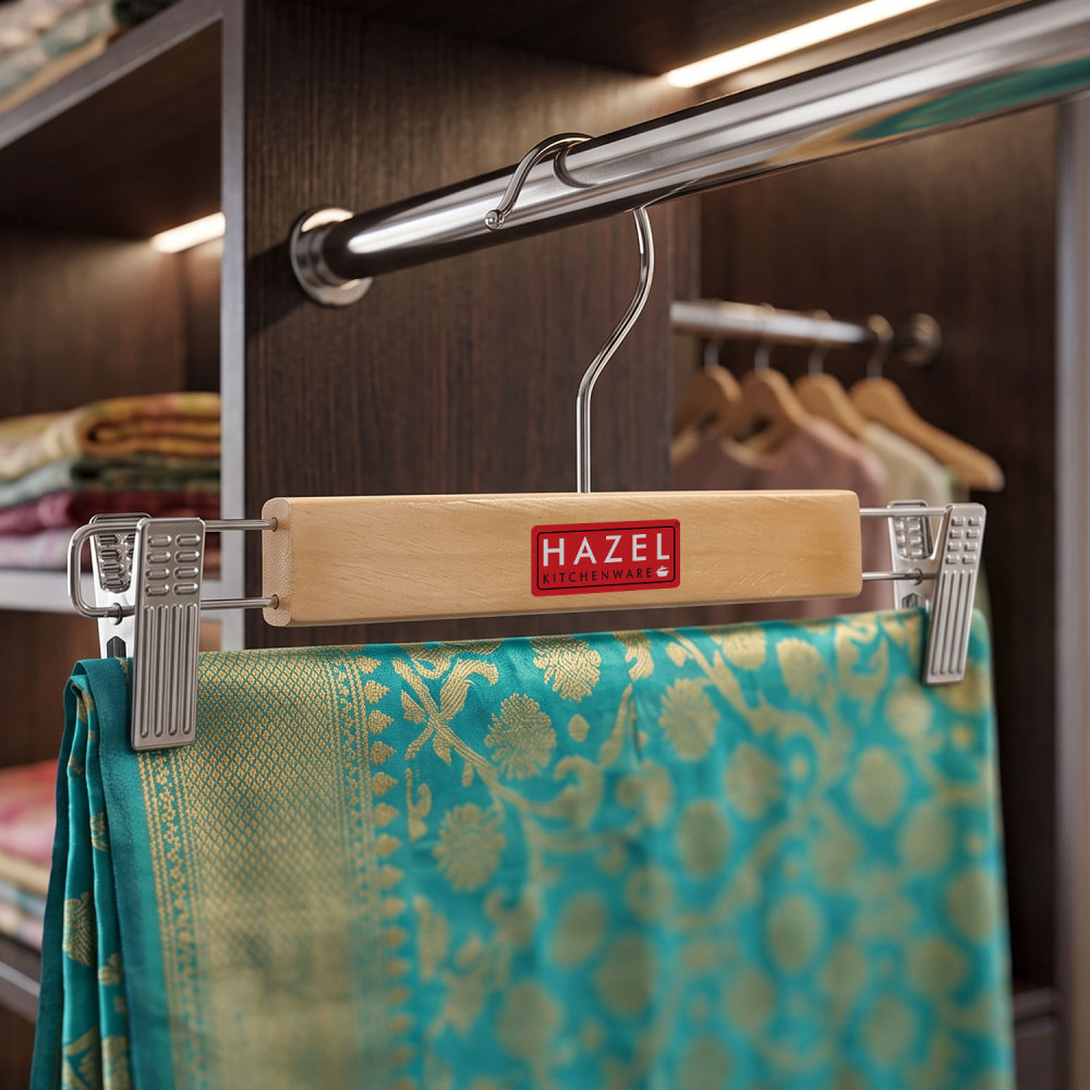 HAZEL Hanger For Clothes Hanging | Stainless Steel Cloth Hanger | Wooden Pant Hanger for Storing Clothes | 13 inch Clothes Hanger