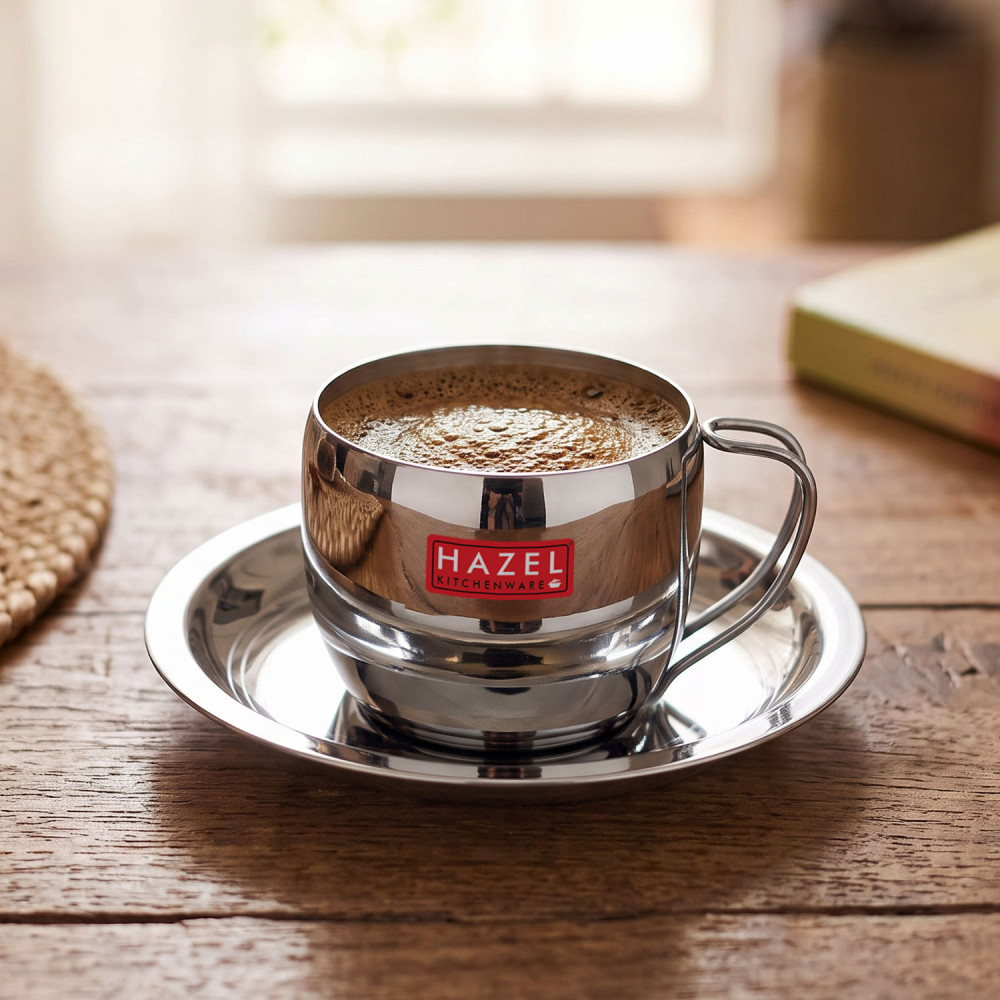 HAZEL Stainless Steel Tea Cup | Steel Unbreakable Chai Tea Coffee Cup Mug Latest Design Capacity 170ml Each, Silver