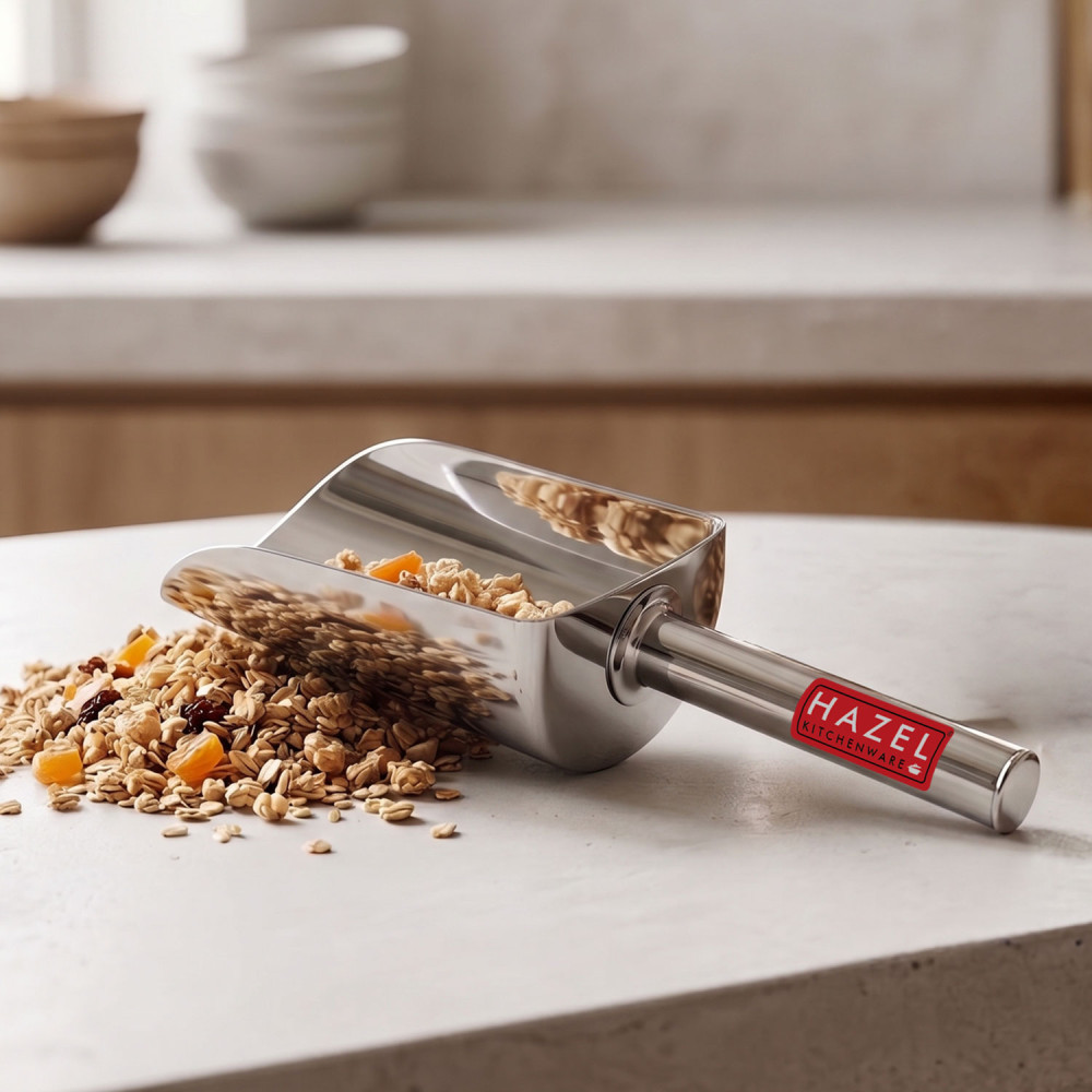 HAZEL Stainless Steel Scoop Spoon | Grocery Flour Grain Dry Foods Candy Spice Scoop | Steel Scoops For Grocery Shop Store | Grocery Shop Accessories Equipment, Medium, Silver