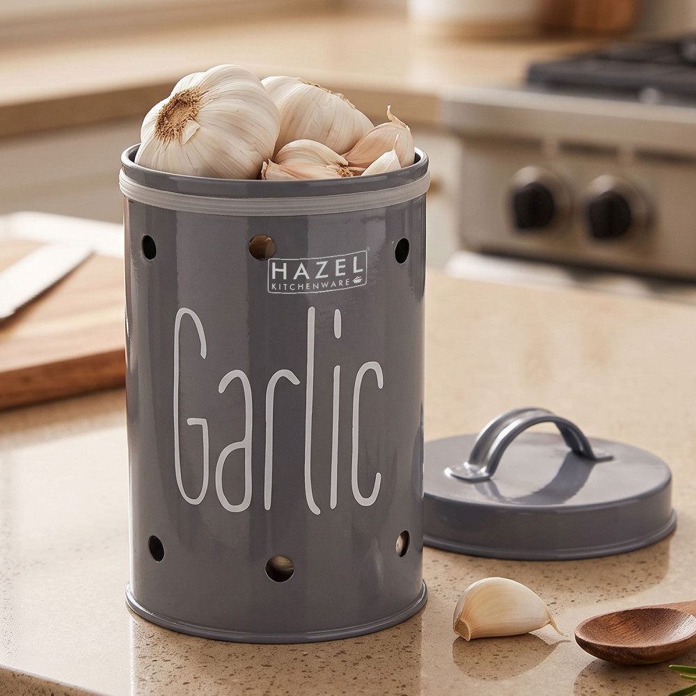 HAZEL Garlic Storage Container For Kitchen | Container For Kitchen Storage | Food Grade Storage Container with Lid, 750 to 1 KG ML, Grey