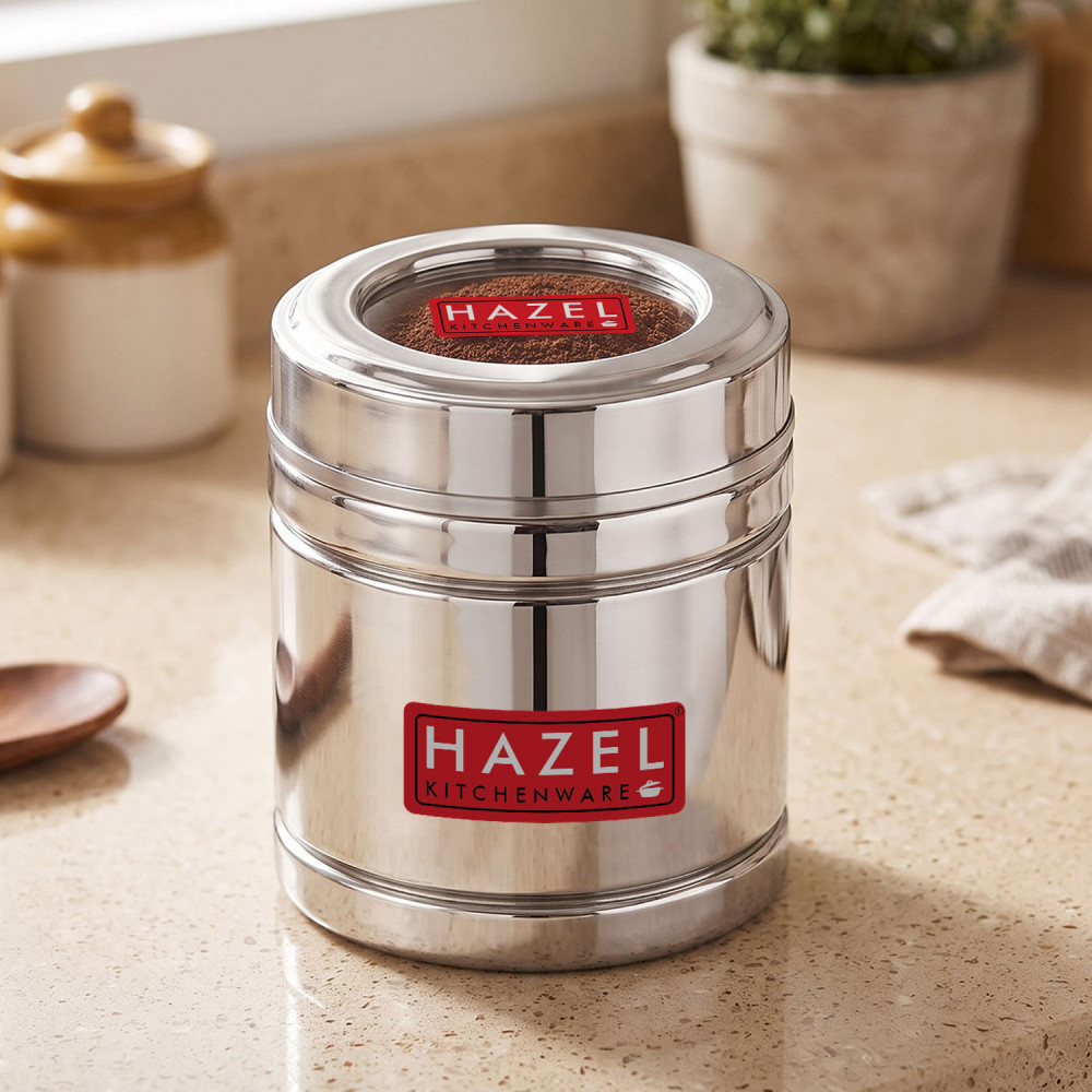 HAZEL Steel Coffee Container with Transparent Lid | Transparent Lid Coffee Powder Storage Box For Kitchen |Food Grade Steel Kitchen Container , 500 ML