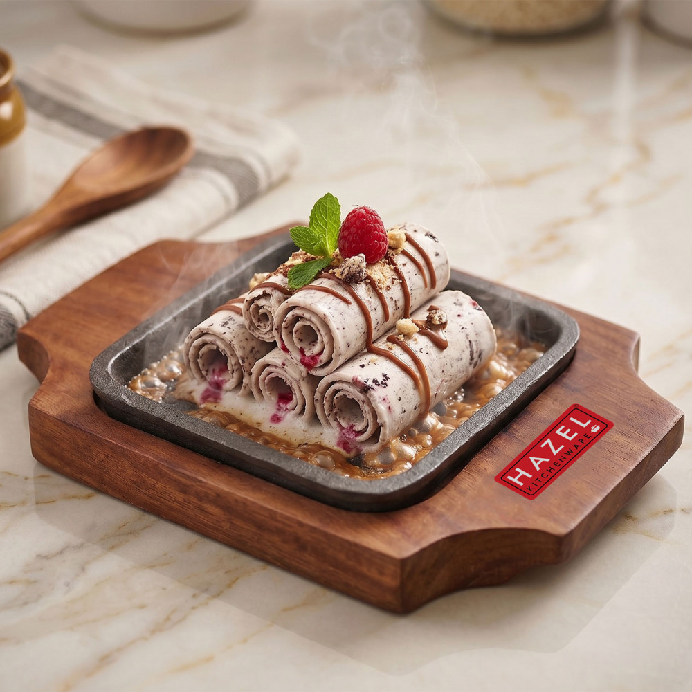 HAZEL Sizzling Brownie Plate / Tray With Wooden Base Square 5 Inch