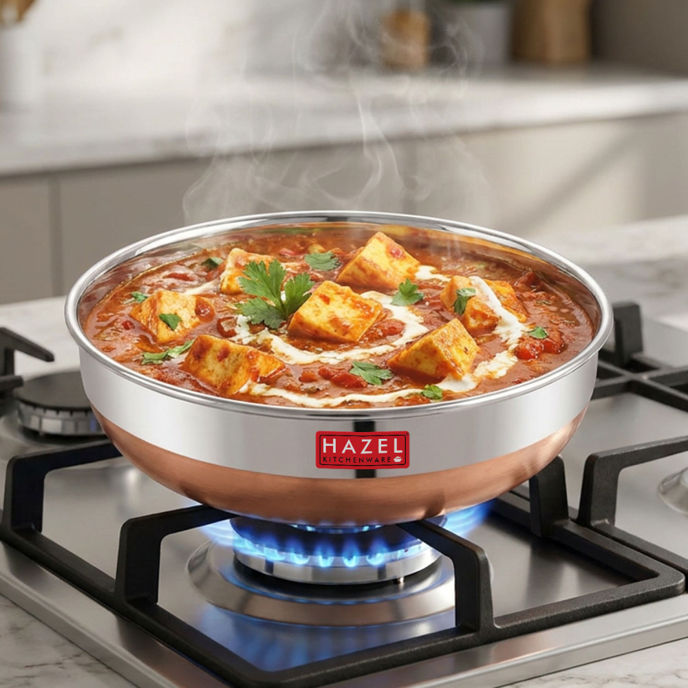 HAZEL Stainless Steel Kadai Without Handle | Copper Bottom Kadai, 1800 ml I Stainless Steel Vessels Tasra Kadai, Silver and Copper
