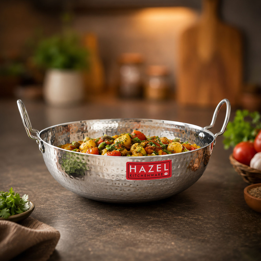 HAZEL Hammered Tone Stainless Steel Deep Kadhai, Diameter 24.5 cm, Silver