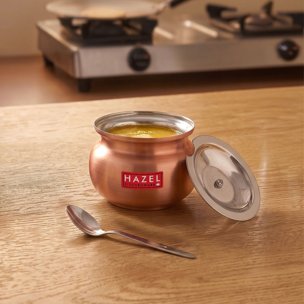 HAZEL Stainless Steel Oil & Ghee Container with Lid & Spoon | Ghee Dispenser with Copper Finish