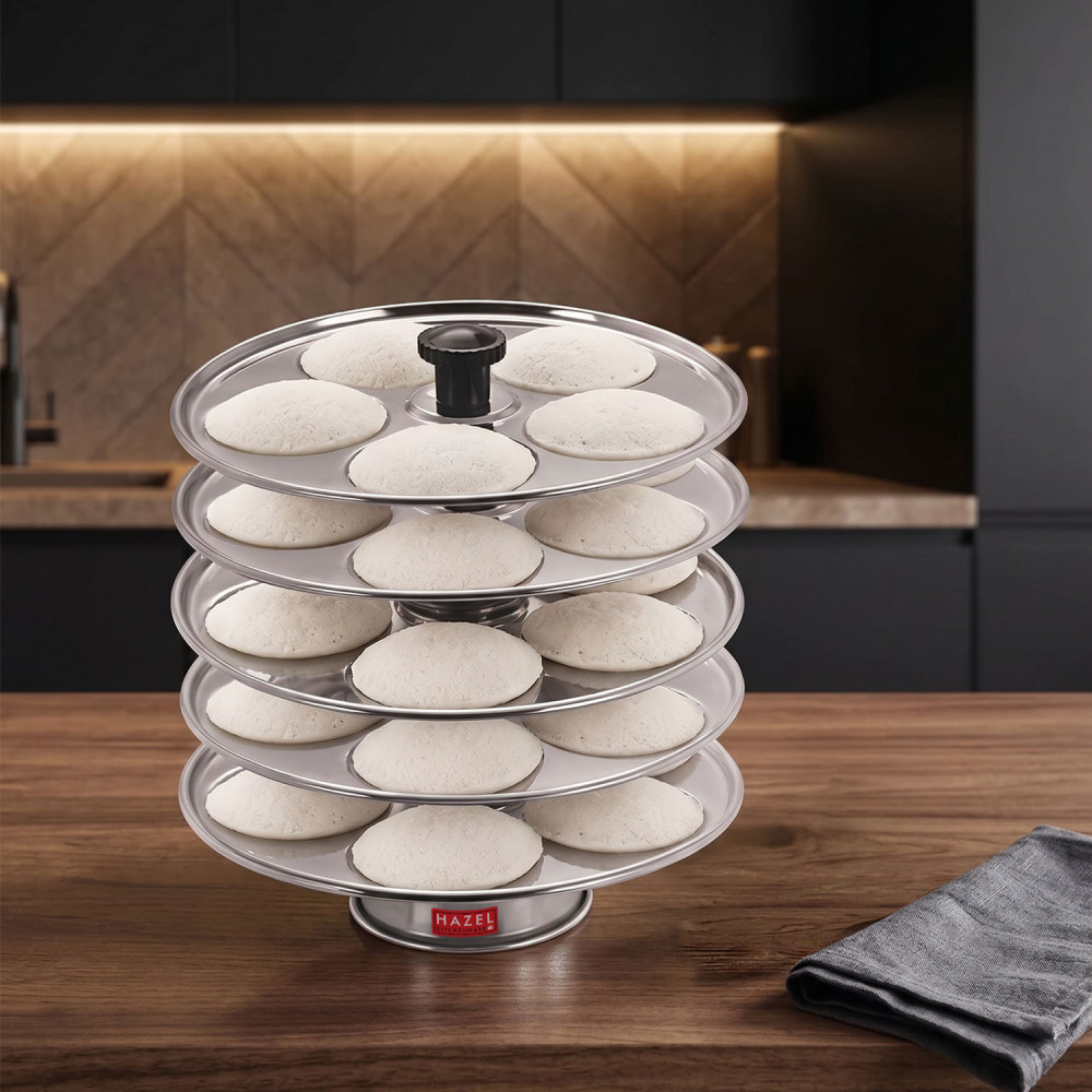 Hazel Stainless Steel Medium Idli Plate with Stand, 5-Rack Plates, 25 Idlis