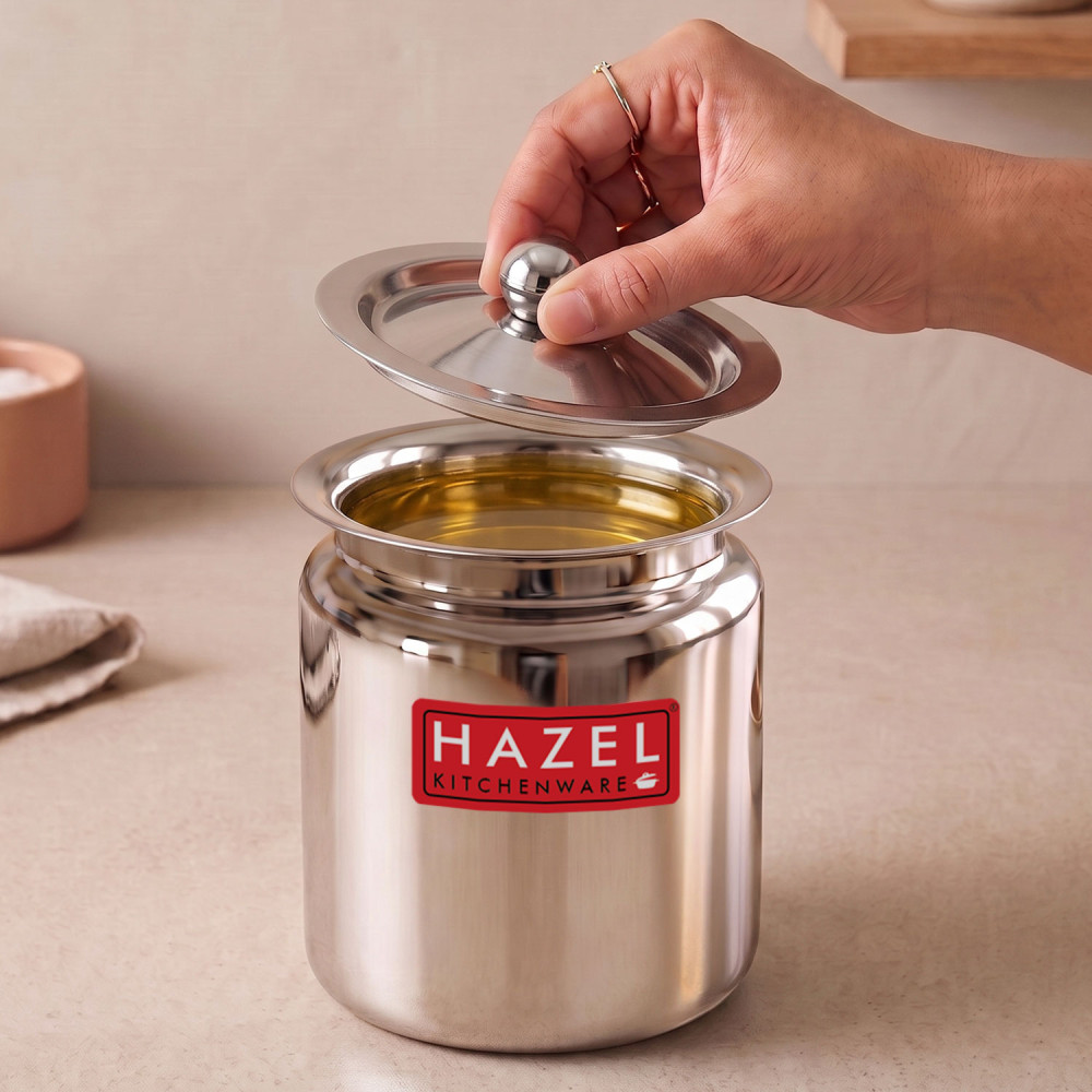 HAZEL Stainless Steel Oil / Ghee Storage Container, 1.1 Litre, Silver