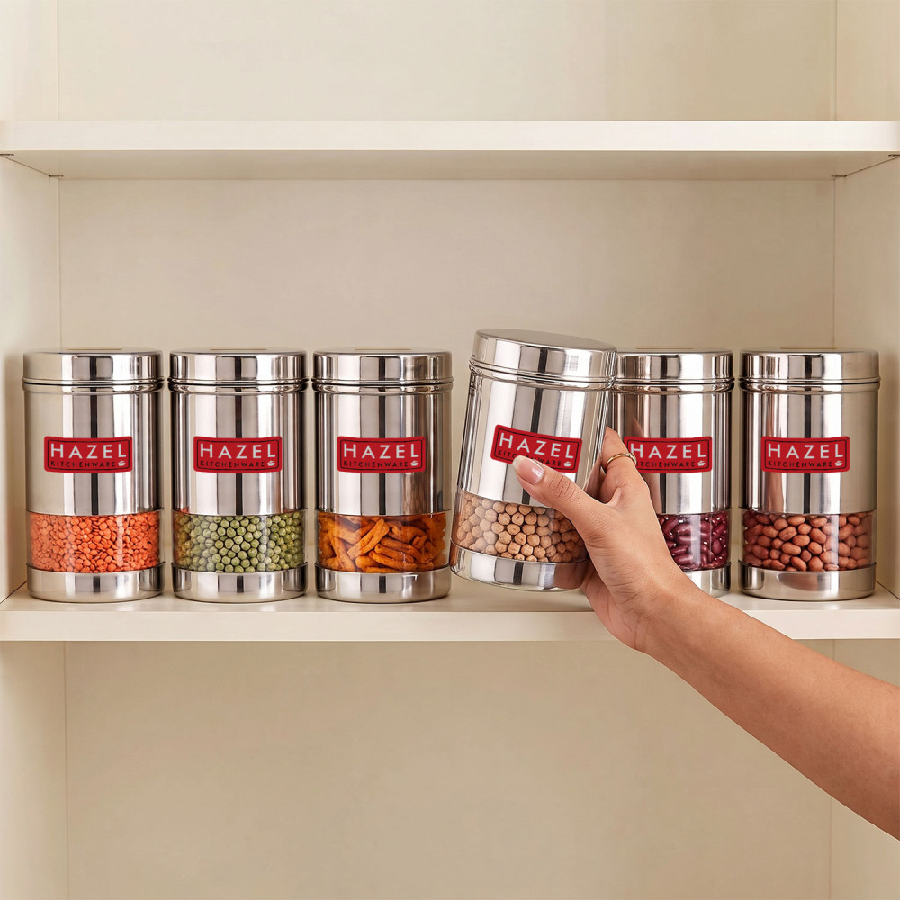 HAZEL Stainless Steel Transparent Wide Mouth See Through Container, Silver, Set of 6, 600 Ml