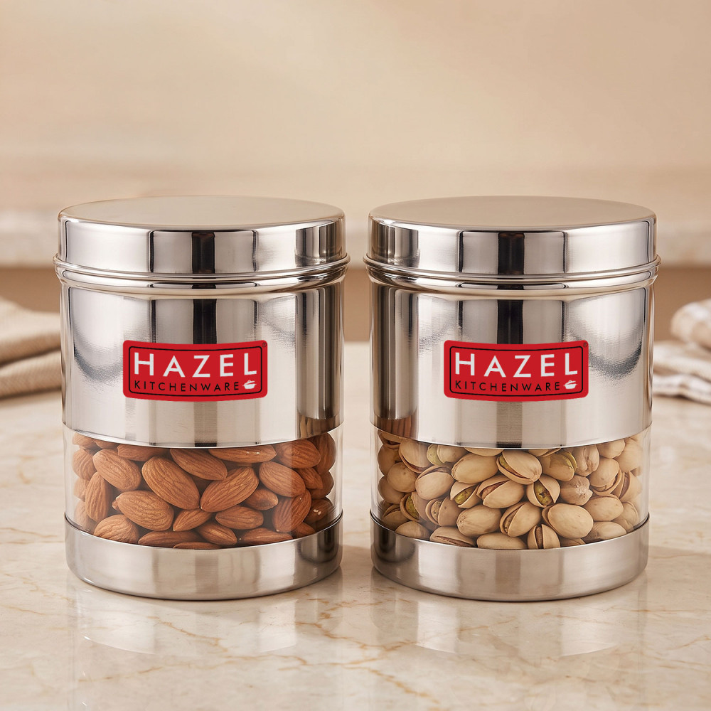 HAZEL Stainless Steel Transparent Wide Mouth See Through Container, Silver, Set of 2, 700 Ml